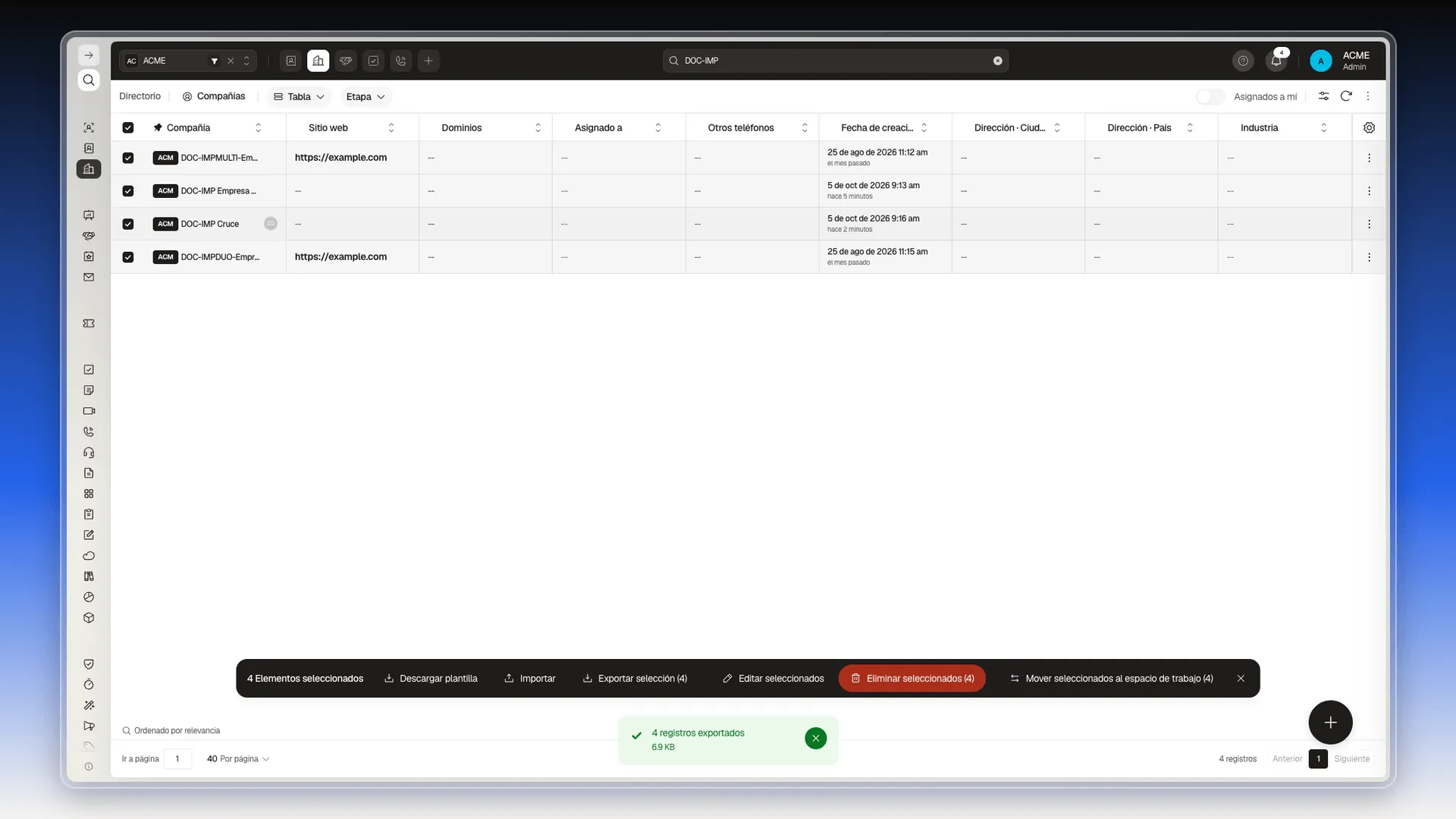 Tabla de Compañías con las cuatro filas marcadas y el aviso verde 4 registros exportados, 6.9 KB, en la parte inferior