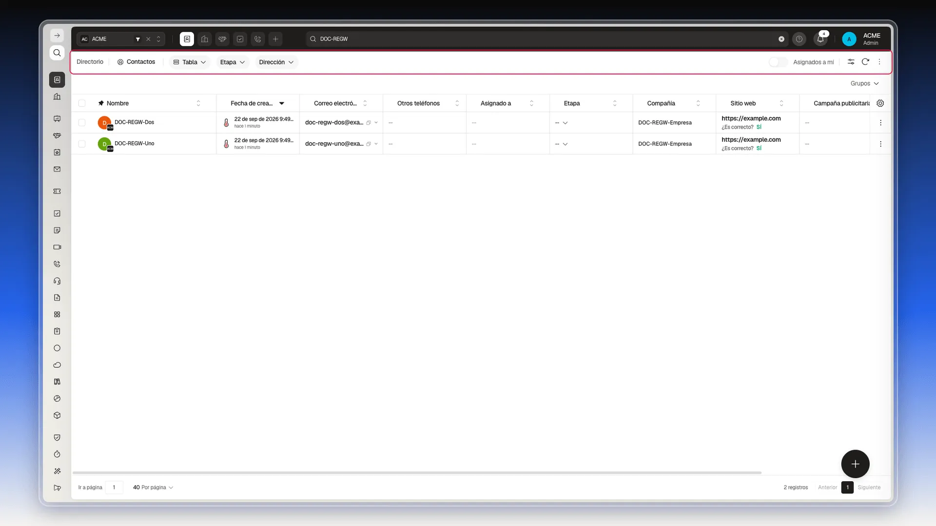 Barra superior de la lista de Contactos resaltada: Directorio, Contactos, el selector Tabla, los filtros rápidos Etapa y Dirección, el interruptor Asignados a mí y los íconos Filtros, Refrescar y Más acciones