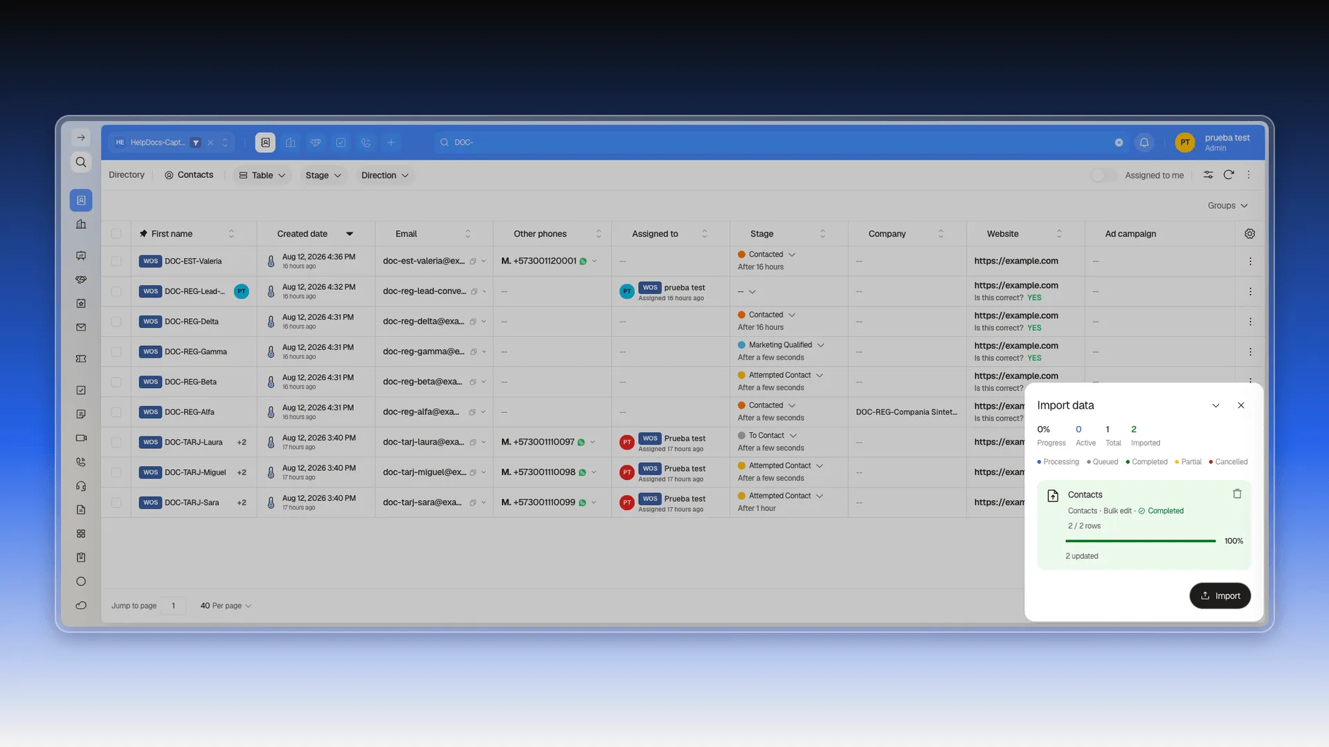 Import data panel showing the bulk edit completed at 100%