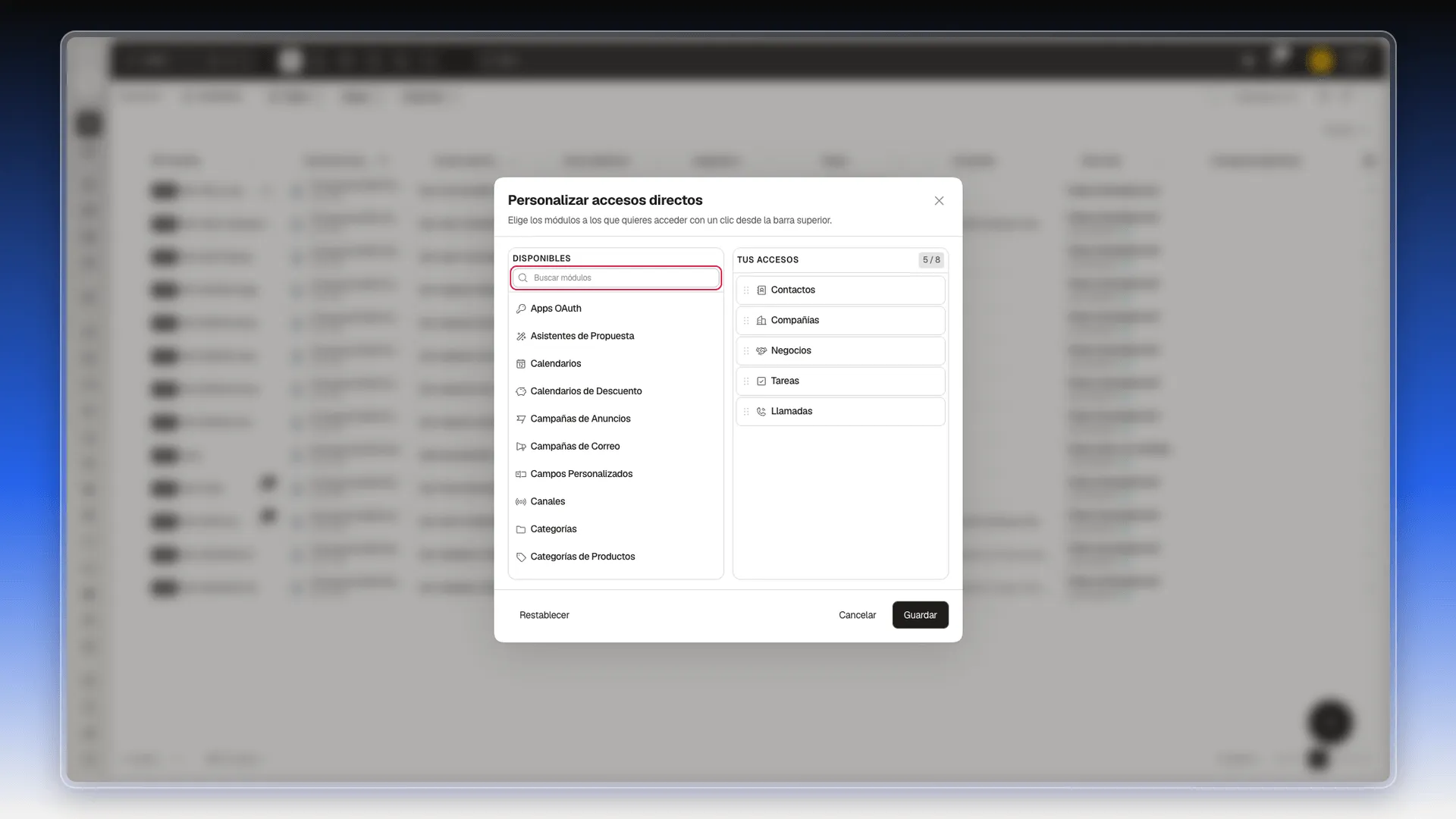 Ventana Personalizar accesos directos con el buscador de módulos disponible