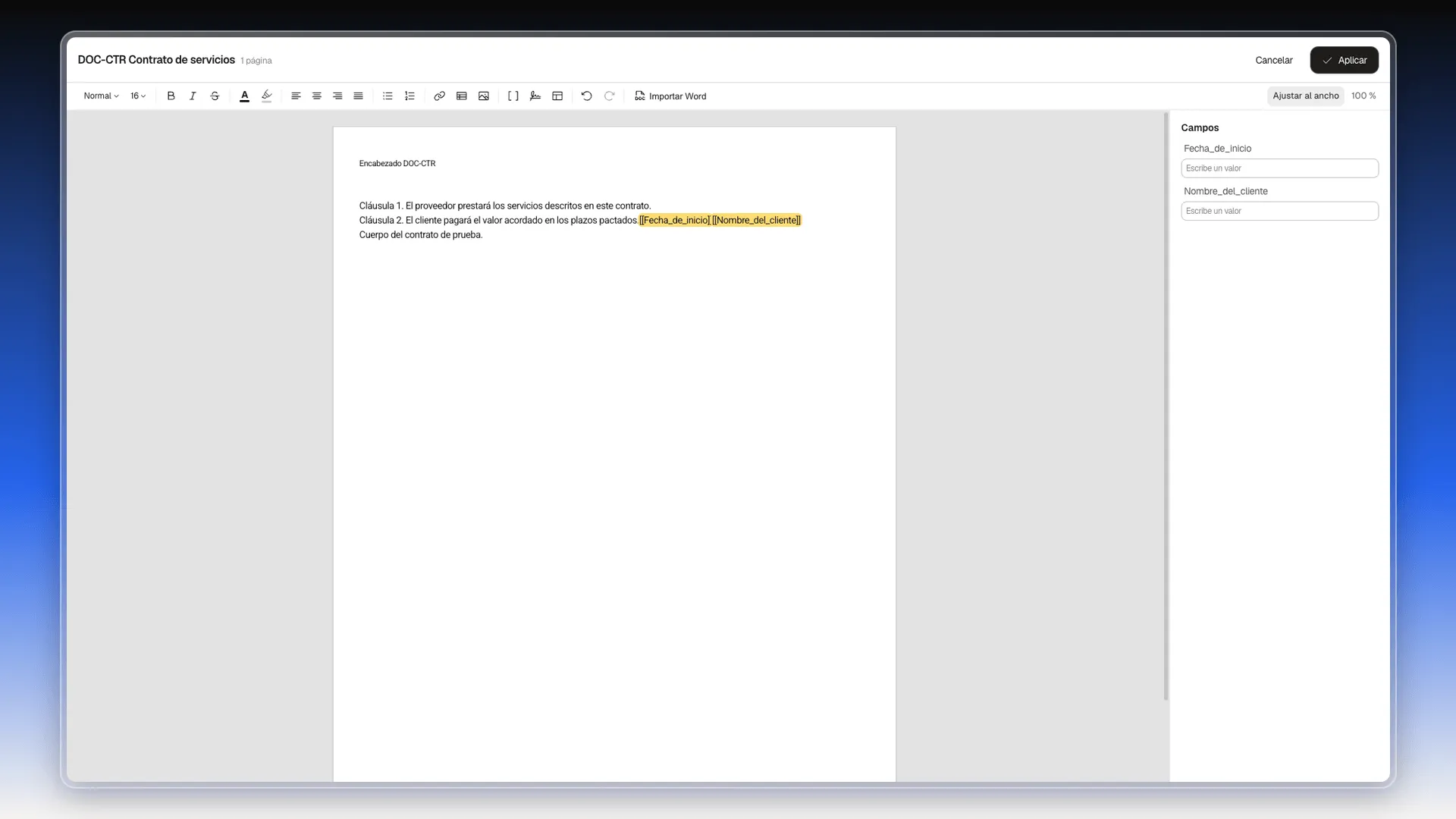 Editor con los campos Fecha_de_inicio y Nombre_del_cliente marcados en amarillo en el texto y listados en el panel Campos
