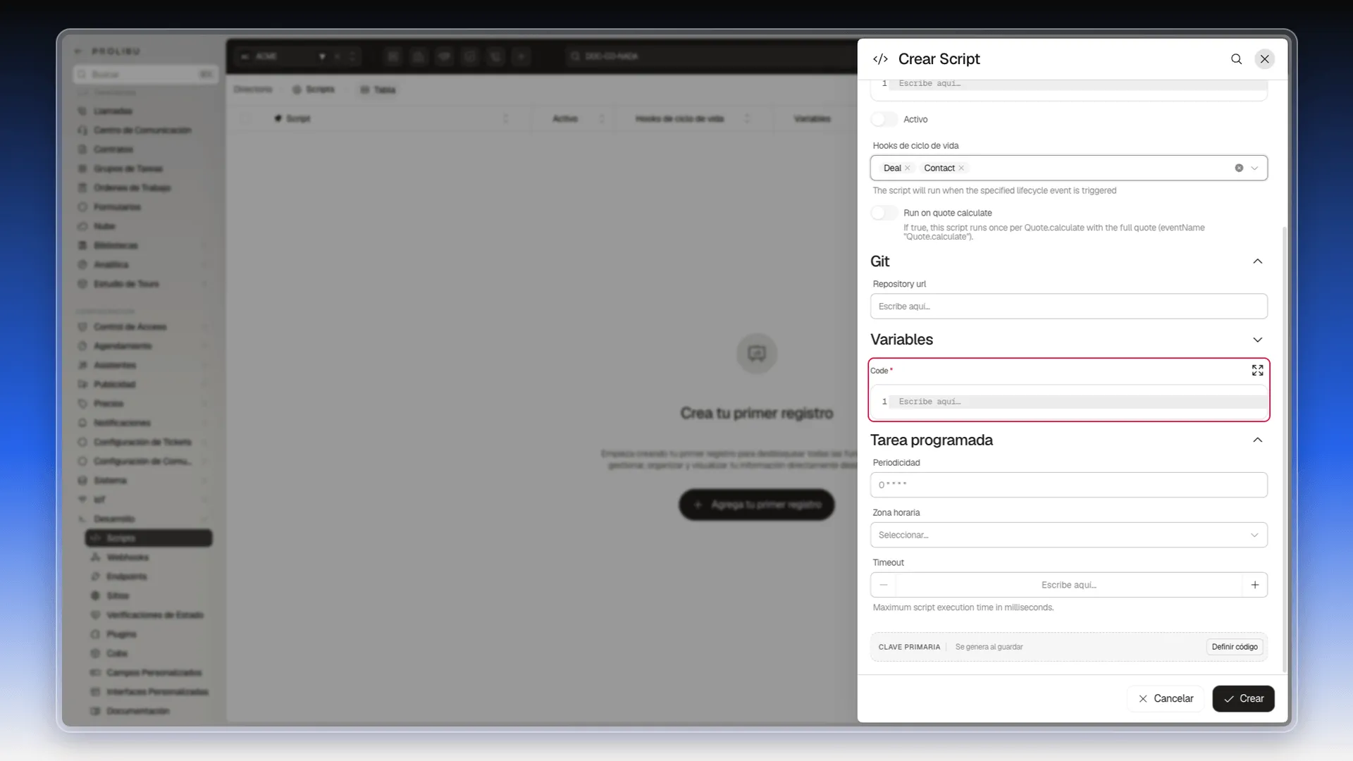 Panel Crear Script con el editor Code resaltado, debajo de la sección Variables