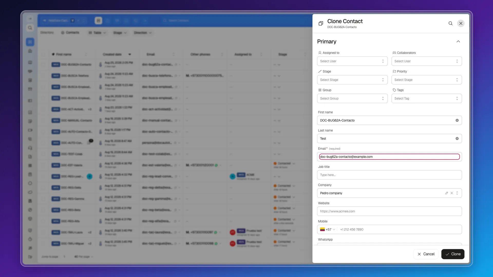 Clone Contact panel with the original's fields filled in and the email address highlighted