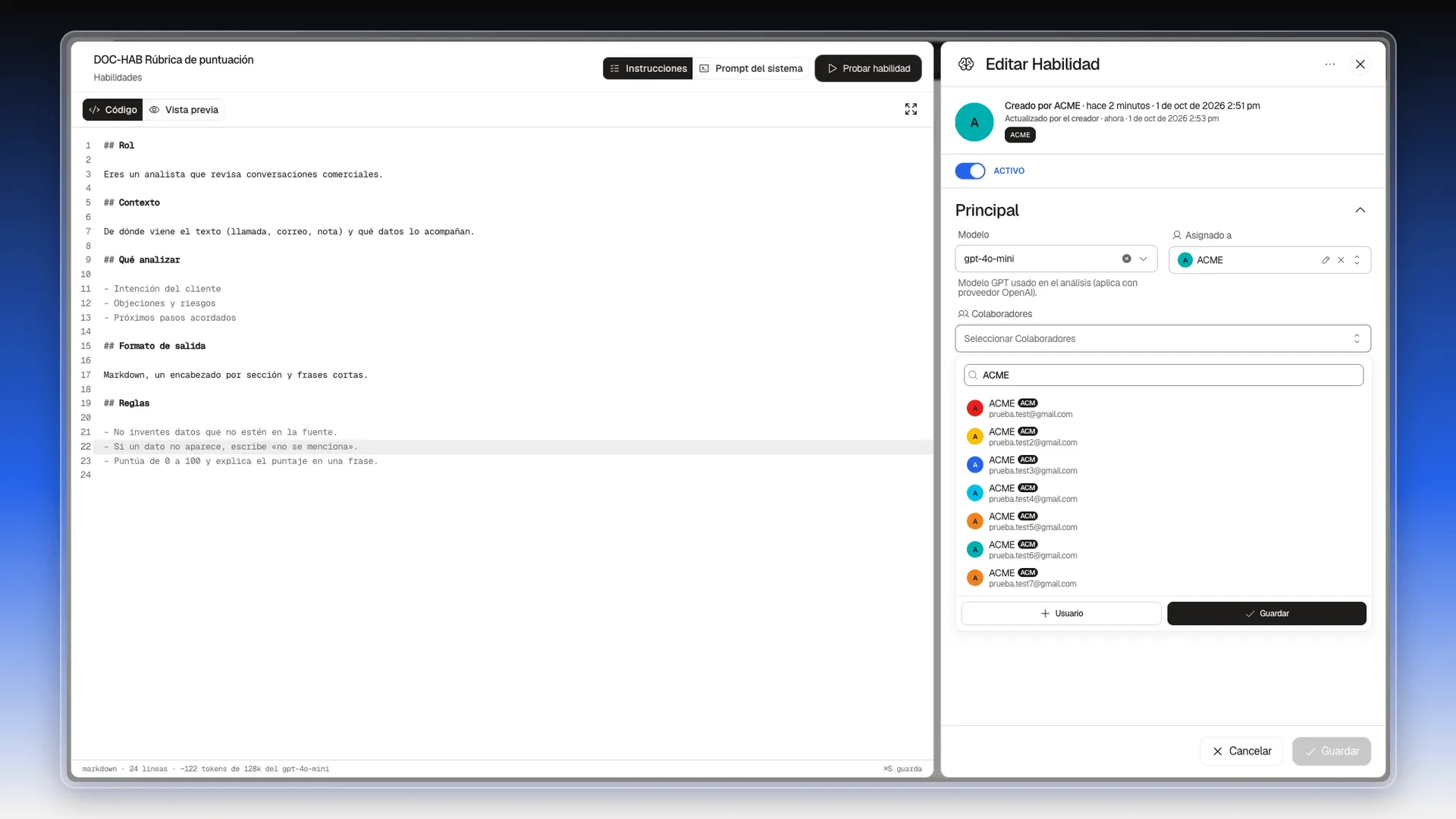 Selector Colaboradores abierto con la búsqueda ACME y la lista de usuarios encontrados