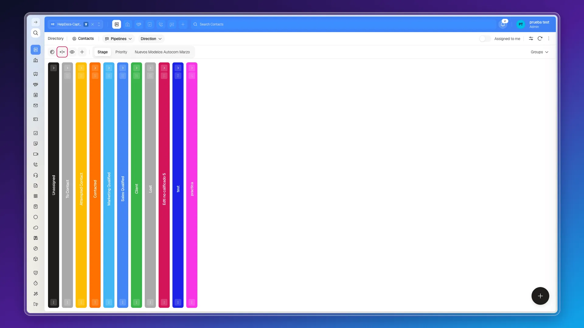 Collapse/Expand all icon highlighted in the top toolbar, with the board's 11 stages already collapsed vertically: Unassigned, To Contact, Attempted Contact, Contacted, Marketing Qualified, Sales Qualified, Client, Lost, Edti no calificado 5, test, practica
