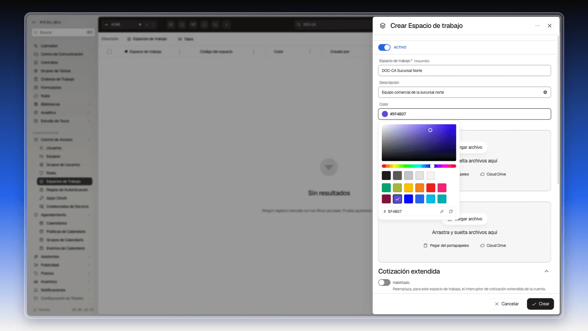 Selector de color abierto en el campo Color, con el degradado, la barra de tono, las muestras de colores y el código hexadecimal 5F4BD7