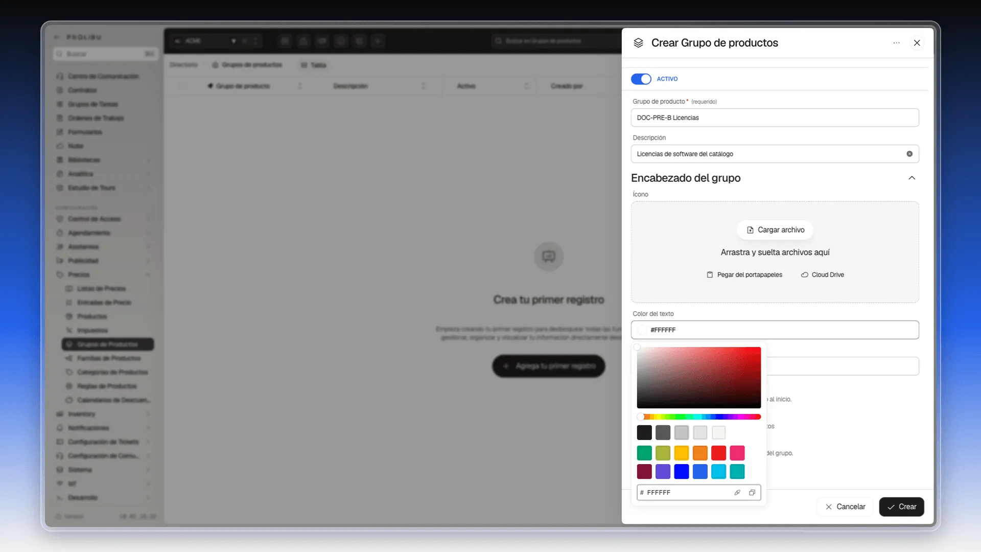 Selector de Color del texto abierto, con la paleta y el código FFFFFF escrito