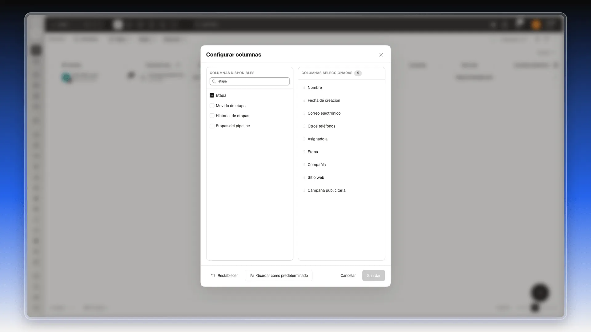 Cuadro Configurar columnas con la búsqueda etapa, que muestra Etapa, Movido de etapa, Historial de etapas y Etapas del pipeline