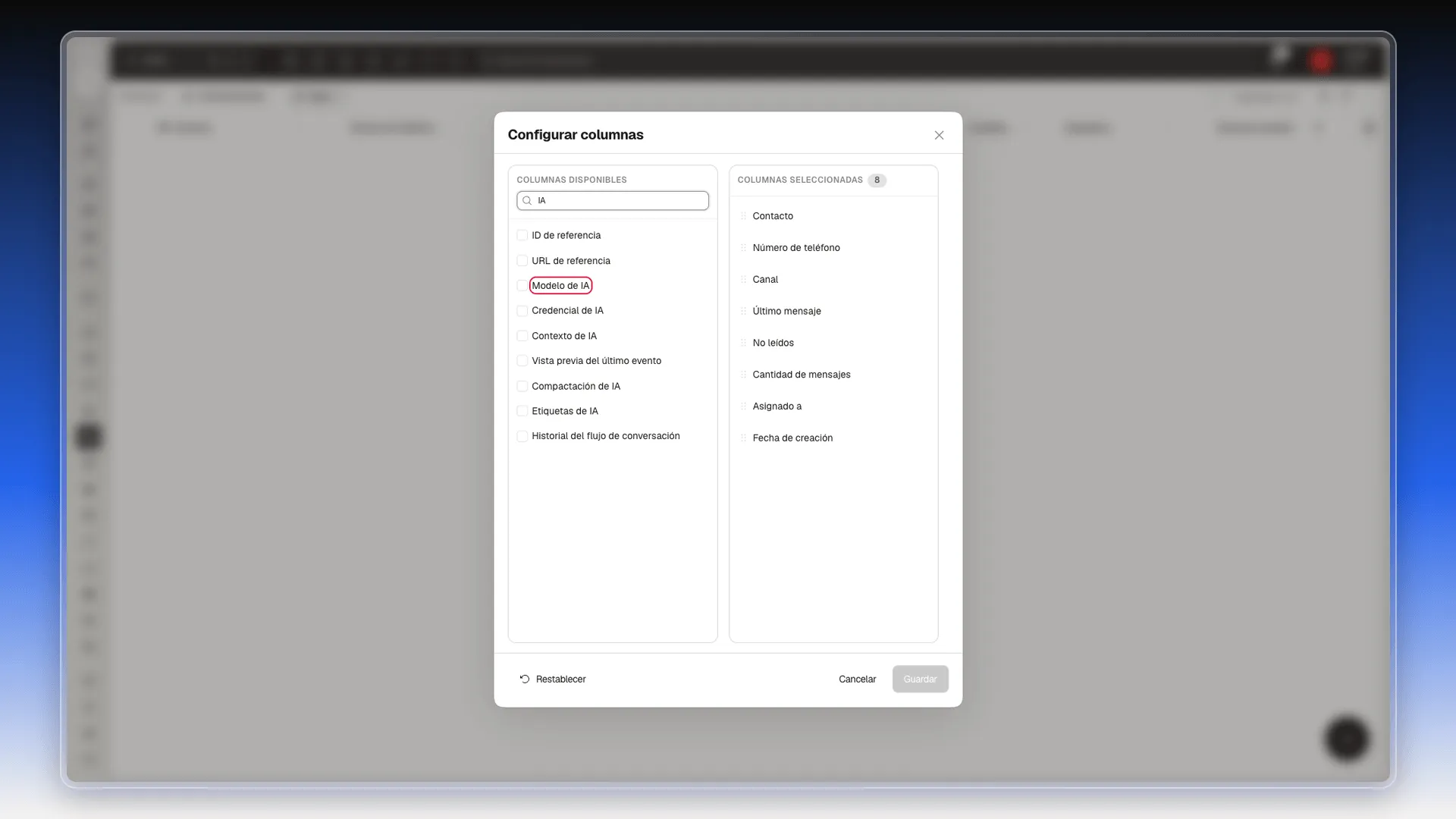 Panel Configurar columnas con las propiedades de IA de la conversación