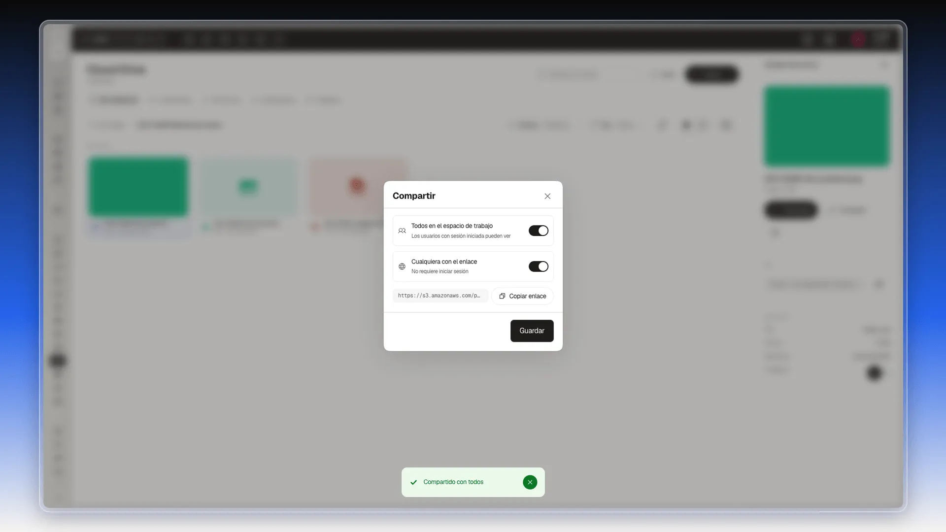 Cuadro Compartir con los dos interruptores encendidos y el aviso Compartido con todos abajo