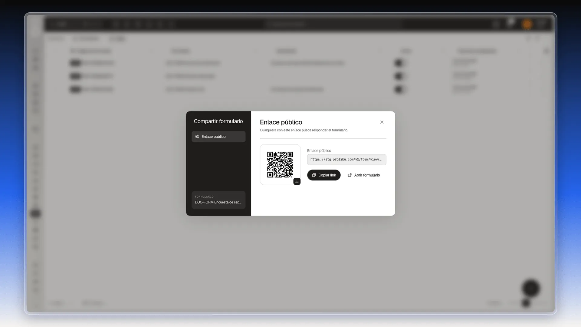 Ventana Compartir formulario con el código QR, el enlace público, Copiar link y Abrir formulario