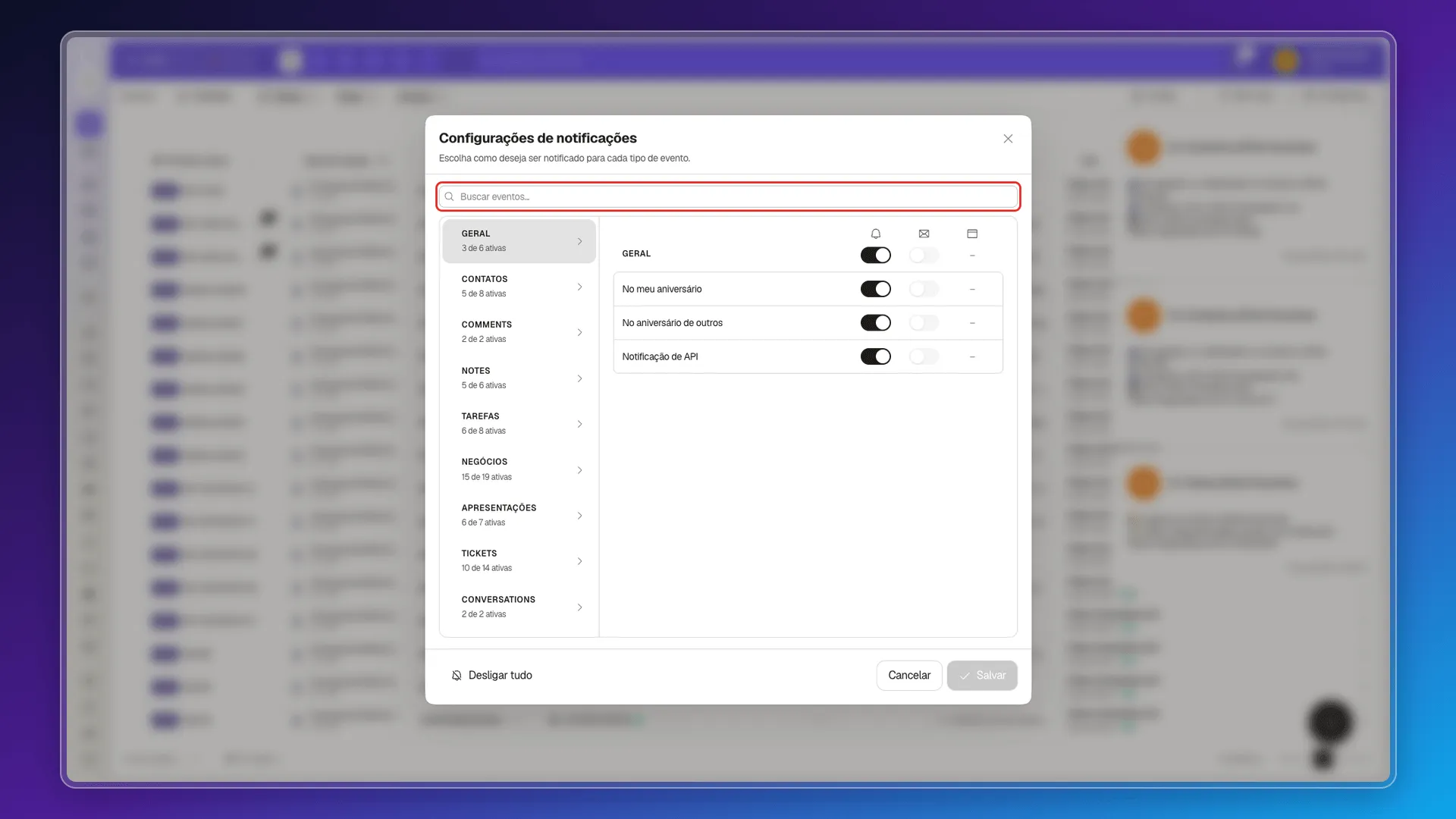 Configurações de notificações com categorias, busca de eventos e controles por canal