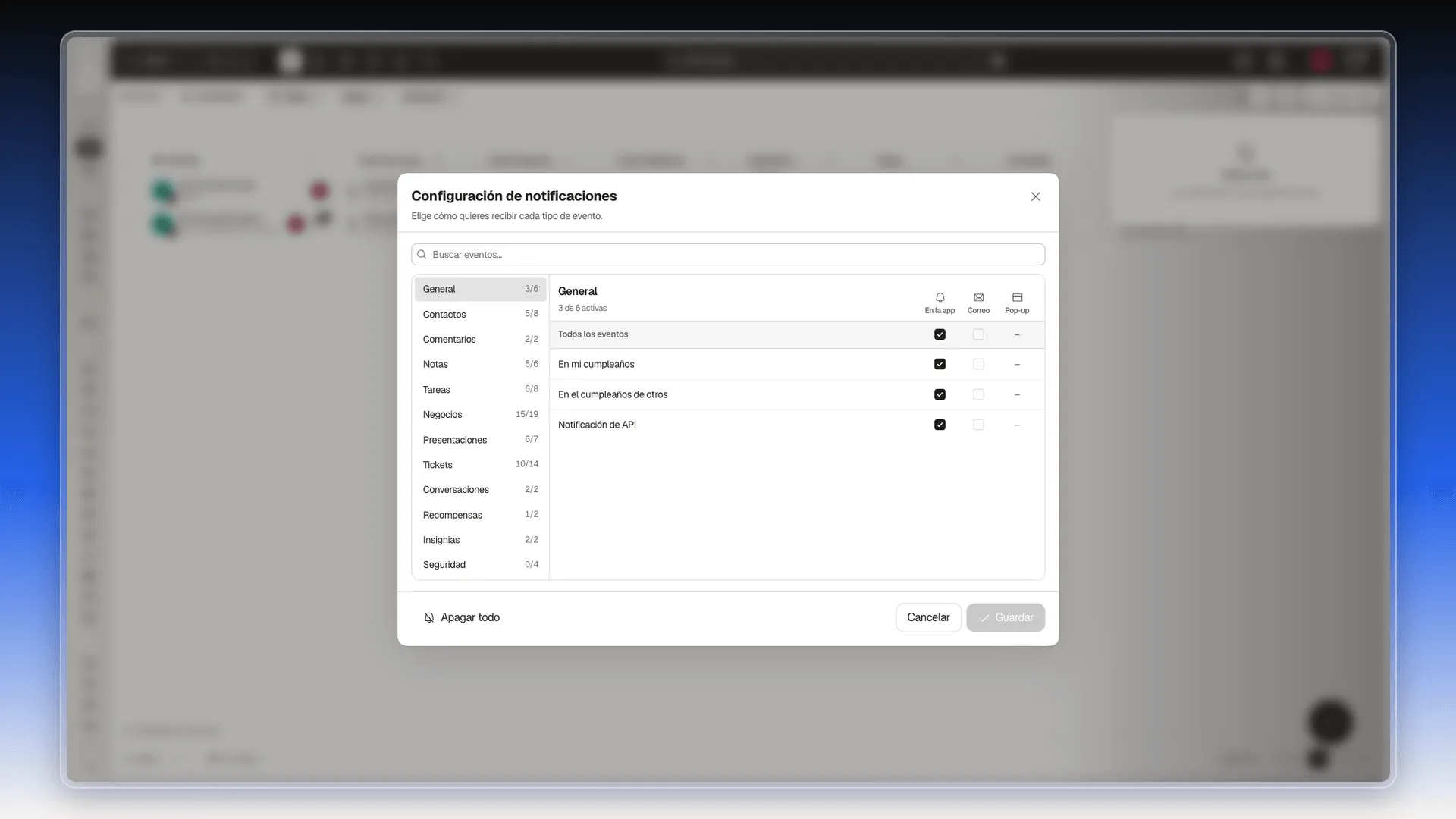 Configuración de notificaciones con la categoría General abierta