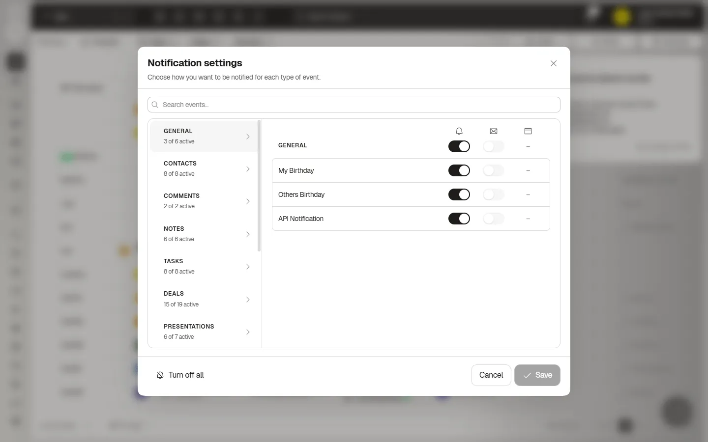 Notification settings with categories, event search, and channel controls
