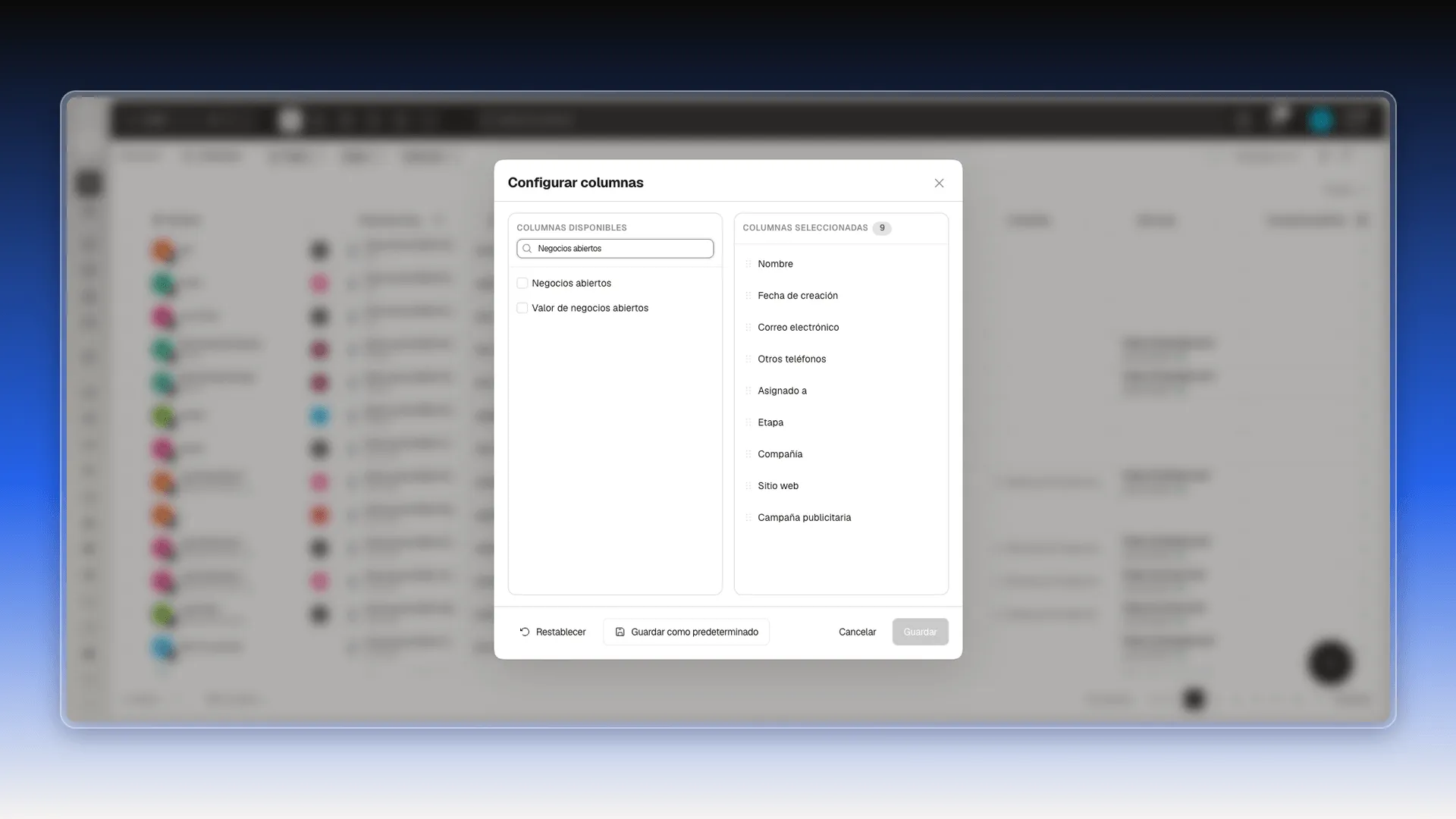 Configurar columnas con la búsqueda Negocios abiertos y sus dos resultados