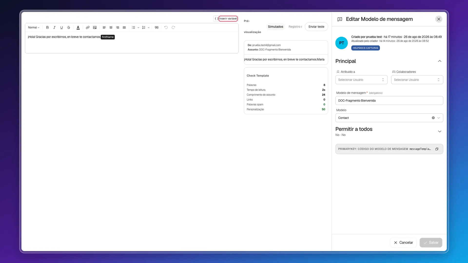 Editor do modelo com o conteúdo escrito e o botão Inserir variável destacado