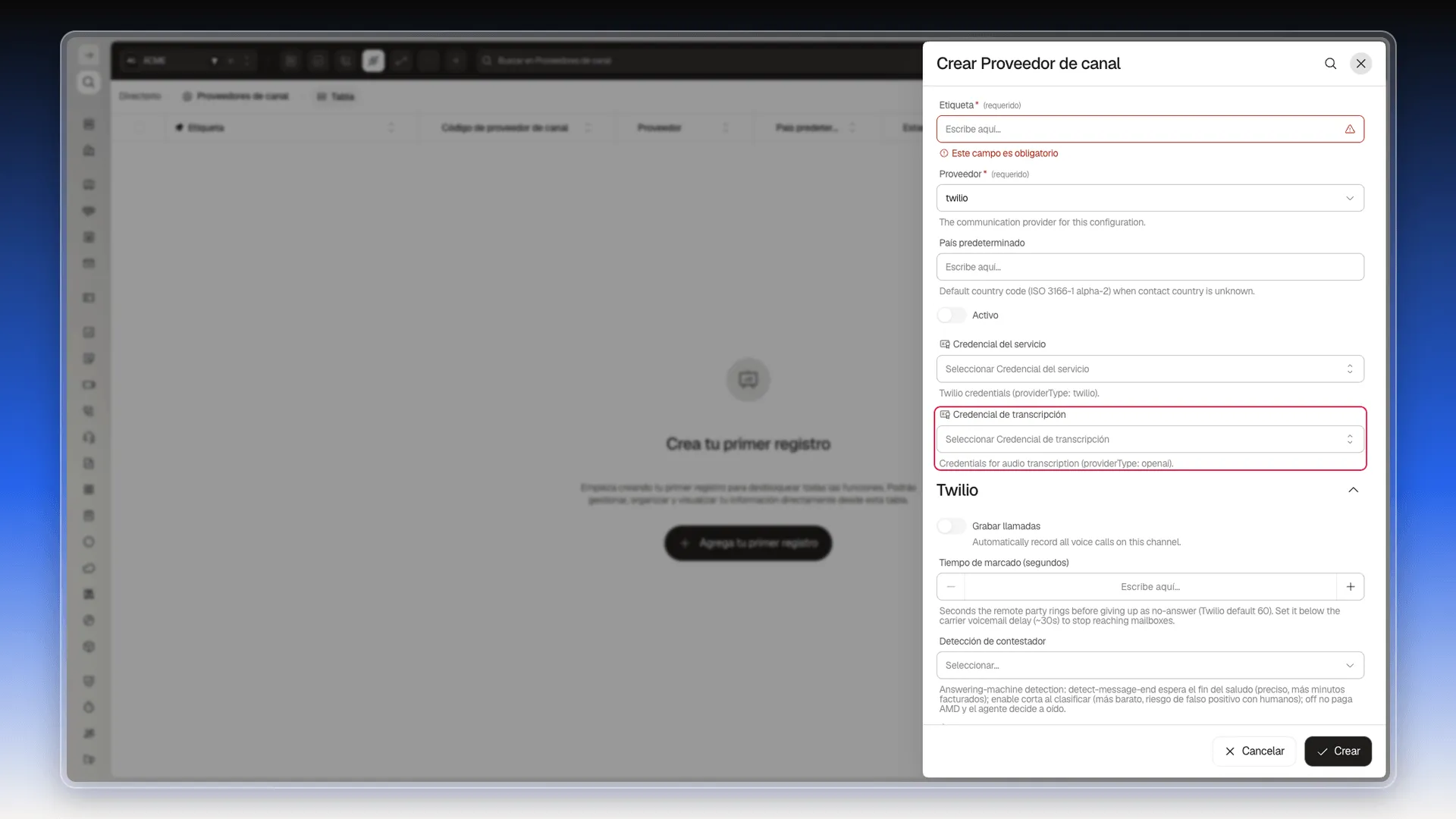 Sección Twilio del proveedor de canal con el campo Credencial de transcripción resaltado