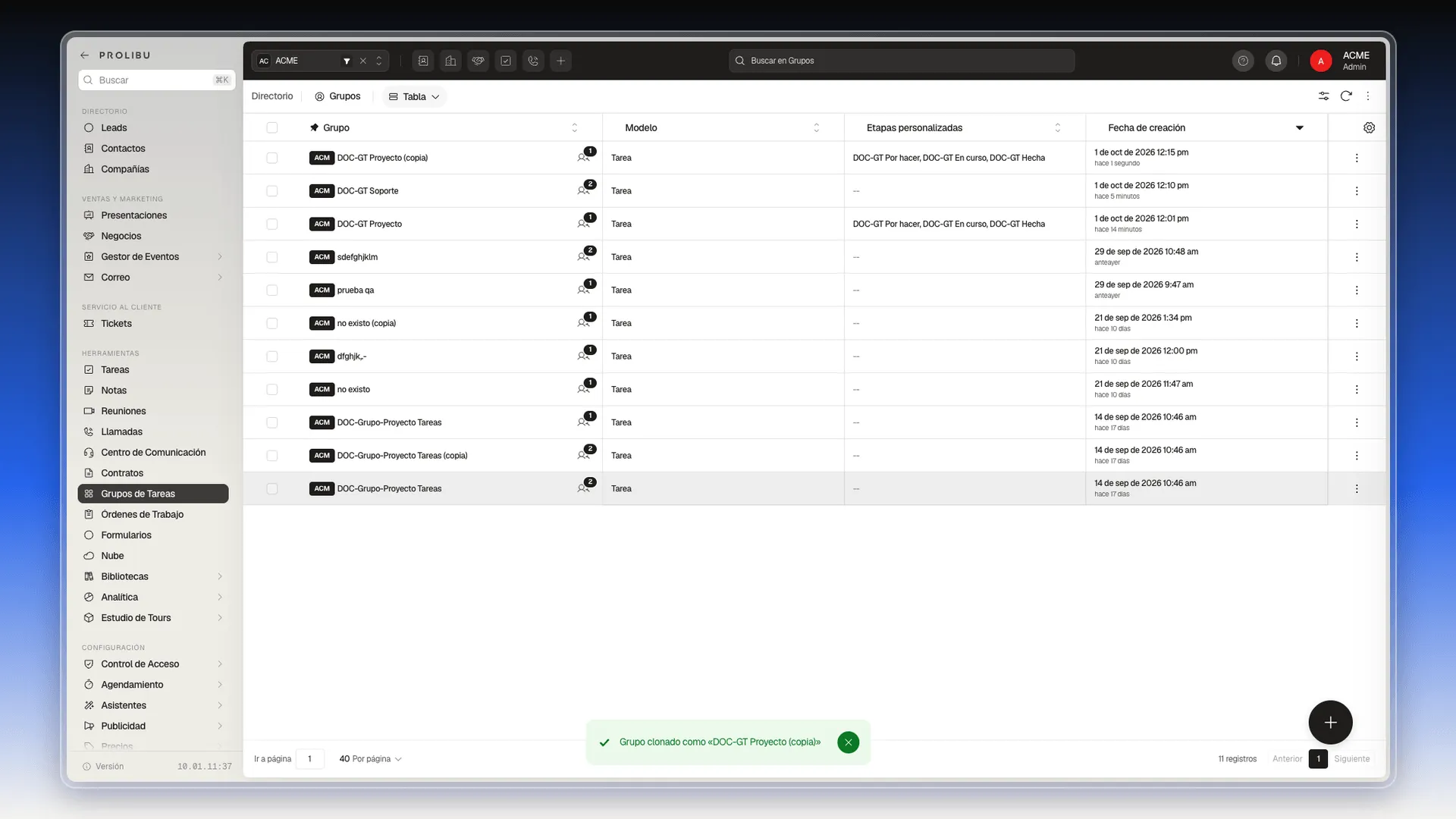 Tabla de grupos con el grupo clonado arriba y el aviso Grupo clonado como DOC-GT Proyecto (copia)