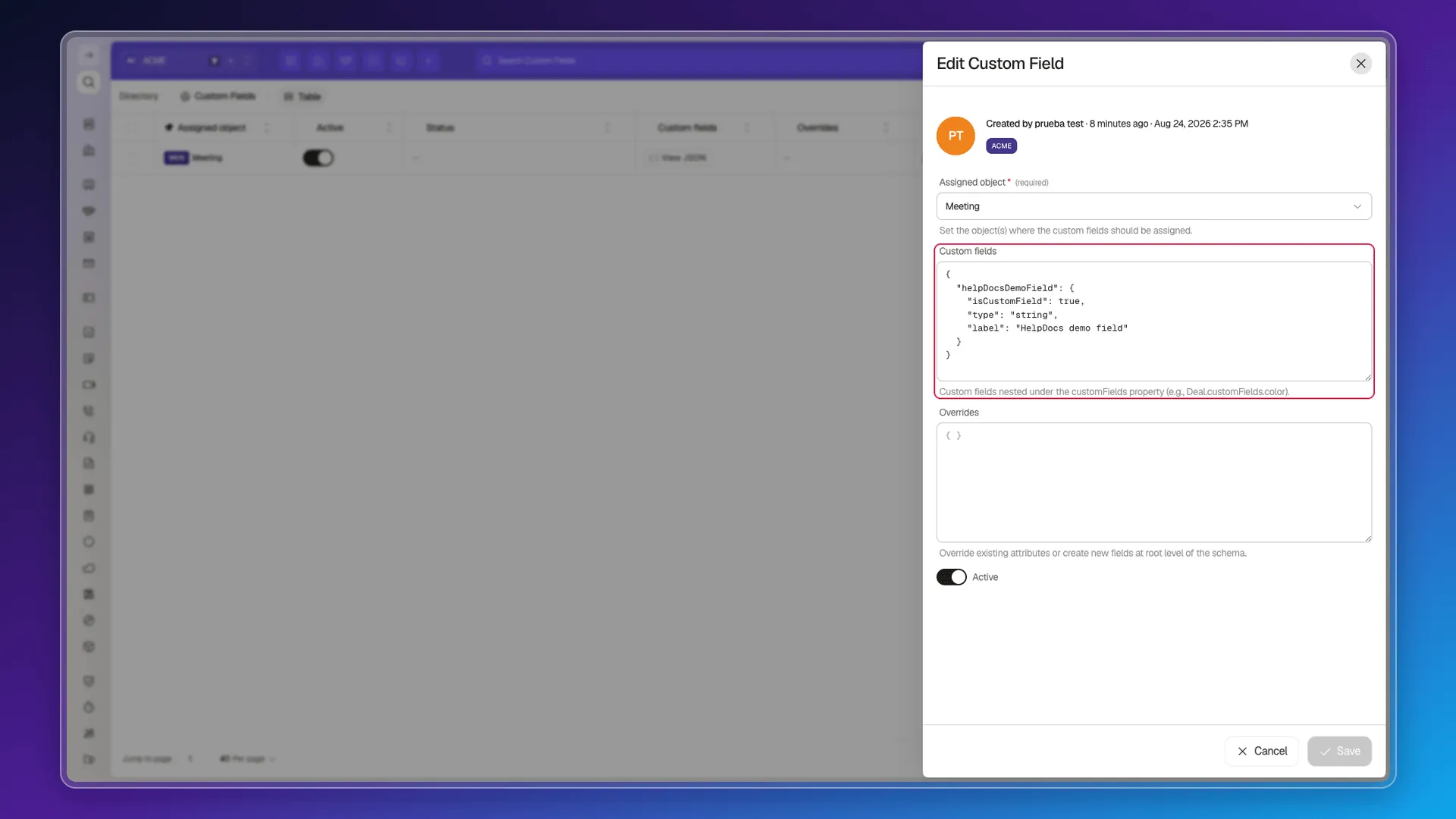 Edit Custom Field form with the Meeting object's JSON Schema in a text box
