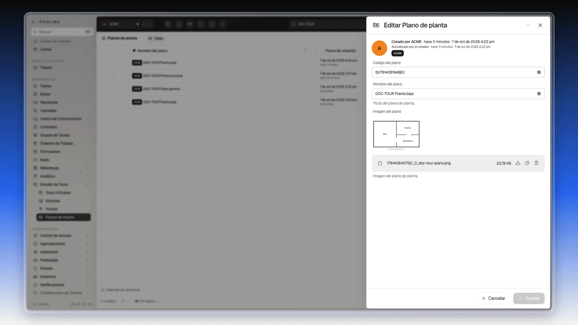 Panel Editar Plano de planta con el código, el nombre DOC-TOUR Planta baja y la imagen del plano