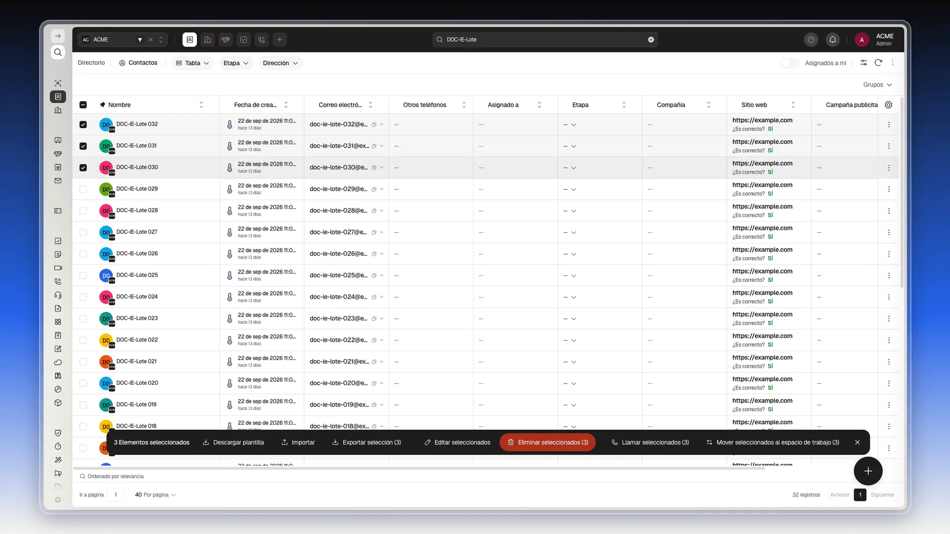 Barra de acciones de Contactos con tres filas seleccionadas y el botón Editar seleccionados