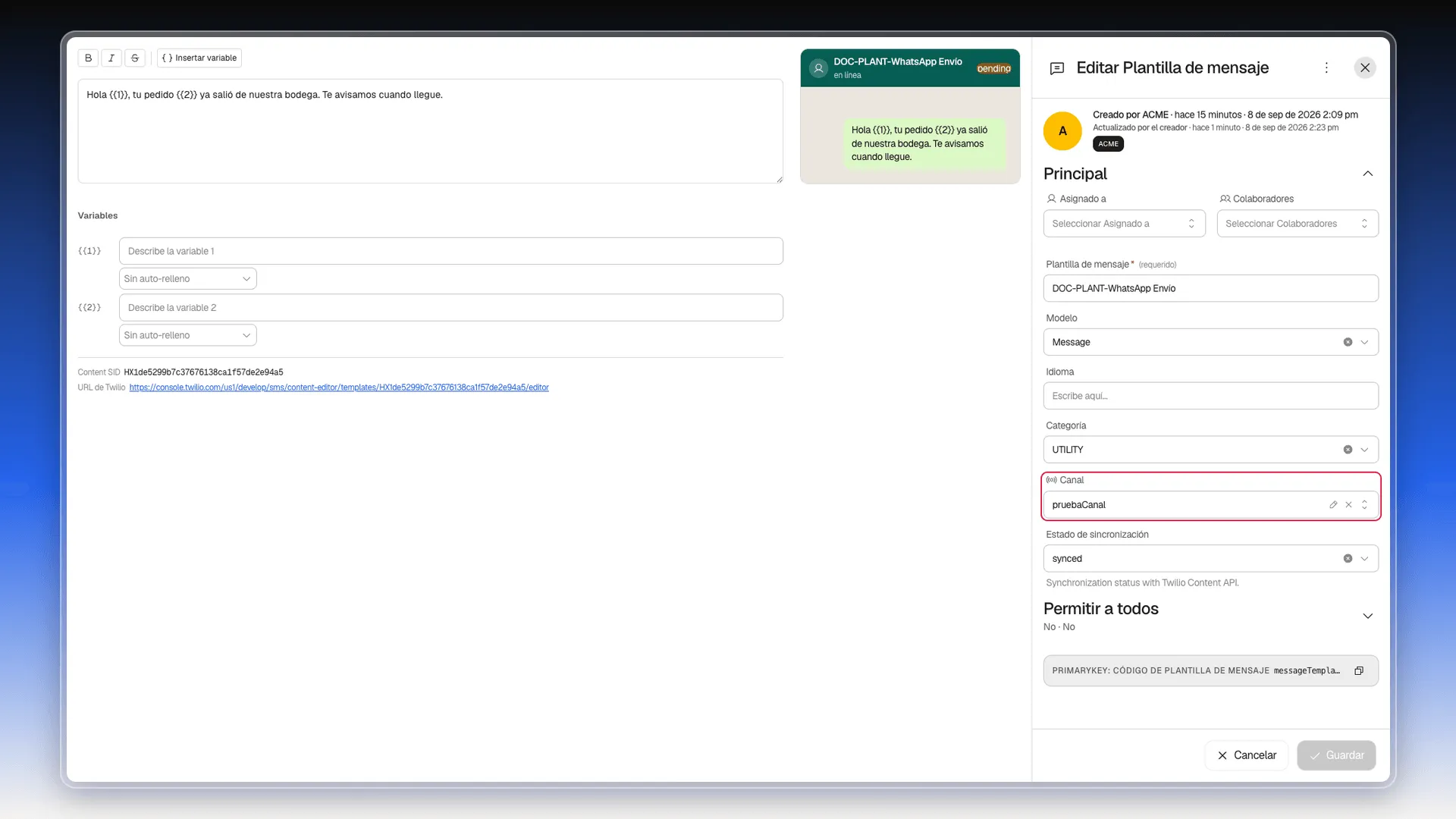 Editor de una plantilla de WhatsApp con el campo Canal resaltado en el panel derecho