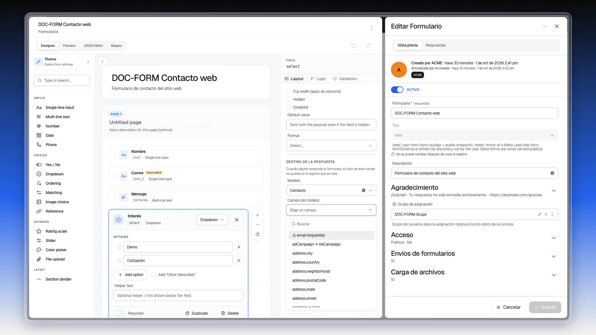 Lista Campo del modelo abierta con email marcado como requerido y otros campos de Contacto