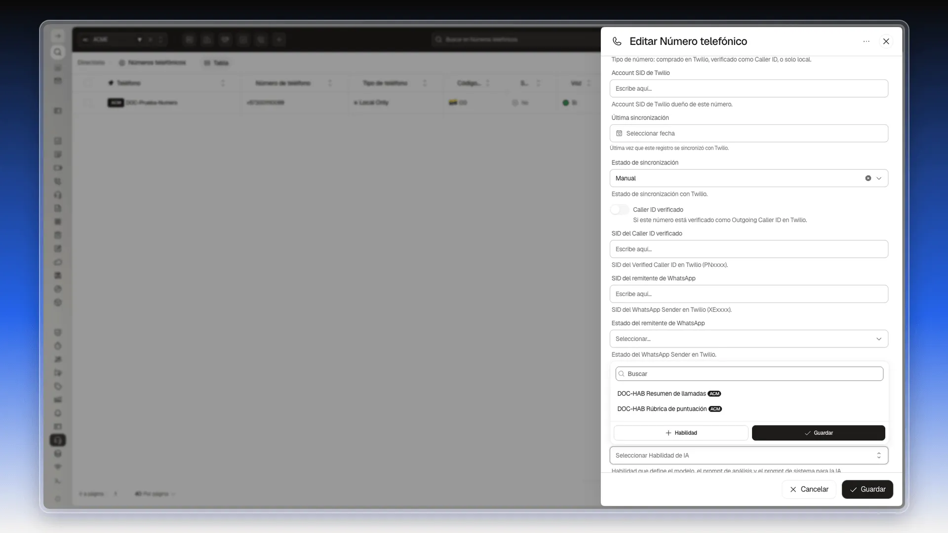 Selector Habilidad de IA abierto con dos habilidades activas y los botones Habilidad y Guardar
