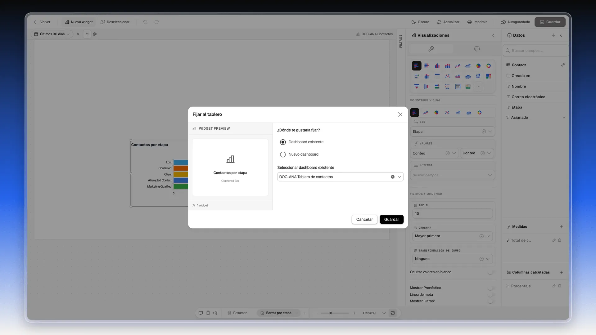 Cuadro Fijar al tablero con Dashboard existente marcado y DOC-ANA Tablero de contactos elegido