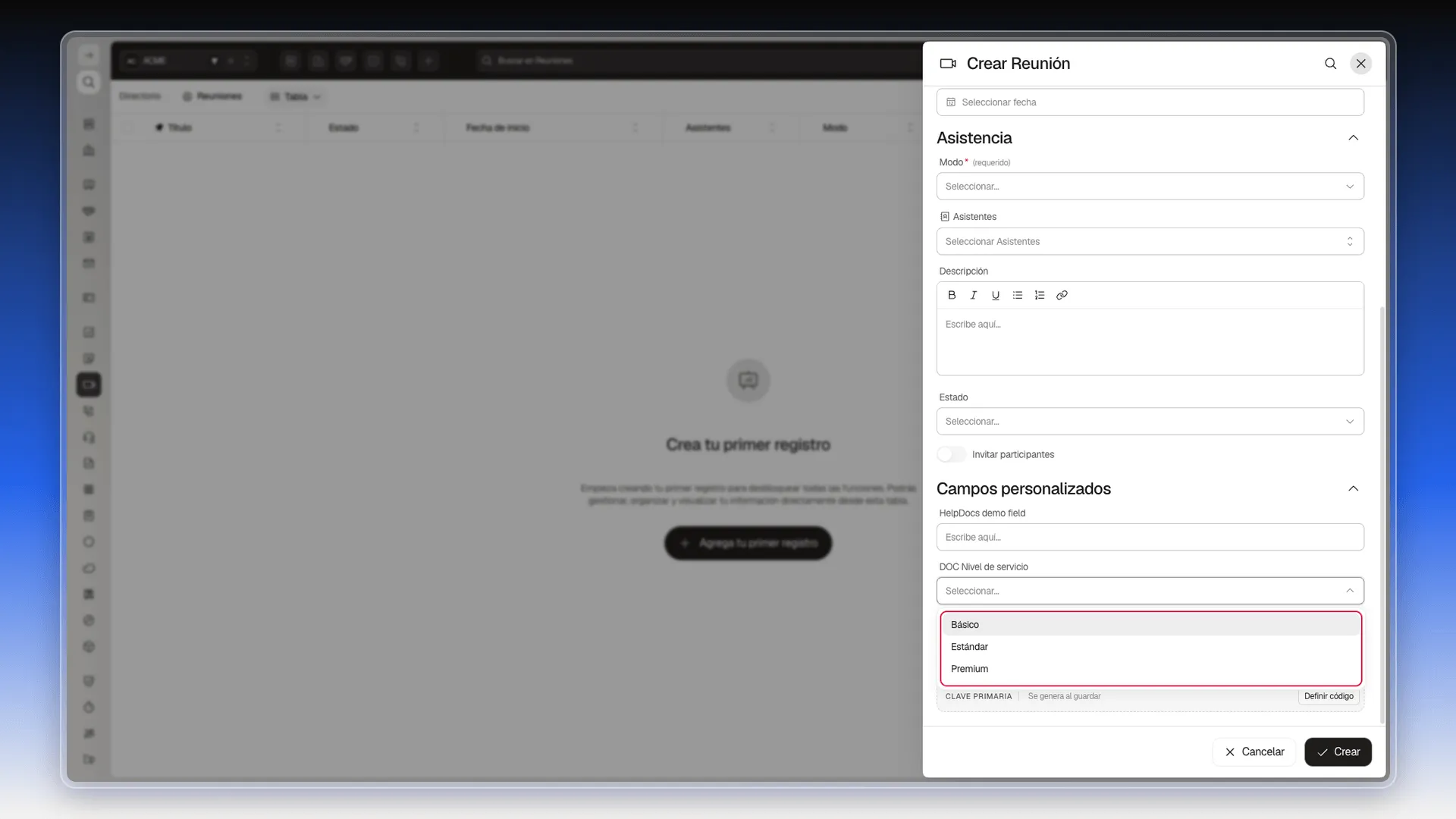 Formulario Crear Reunión con el desplegable DOC Nivel de servicio abierto y sus tres opciones resaltadas