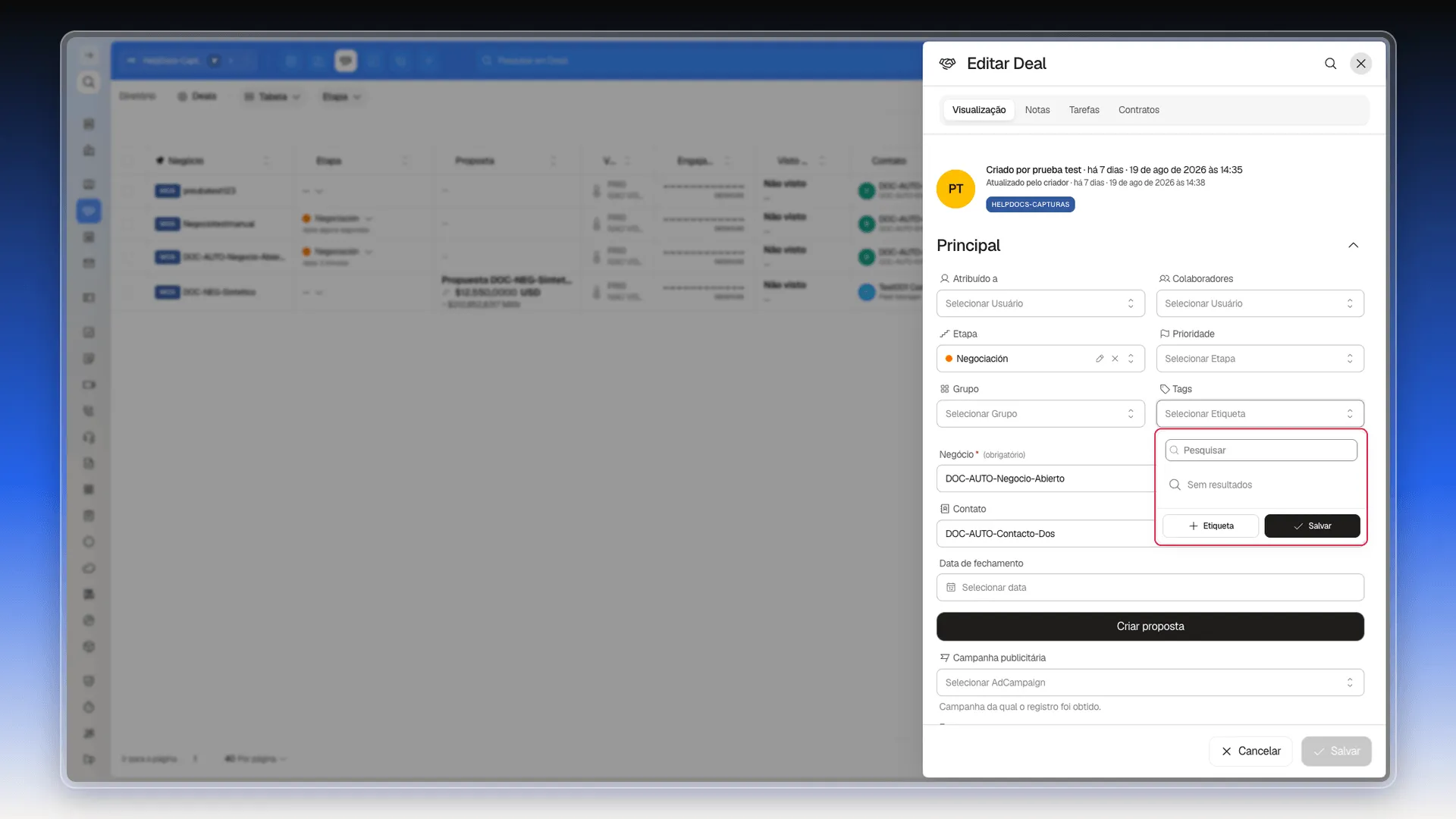 Seletor de Etiquetas de um negócio, destacado, mostrando 'Sem resultados': seu catálogo é independente do de Contatos