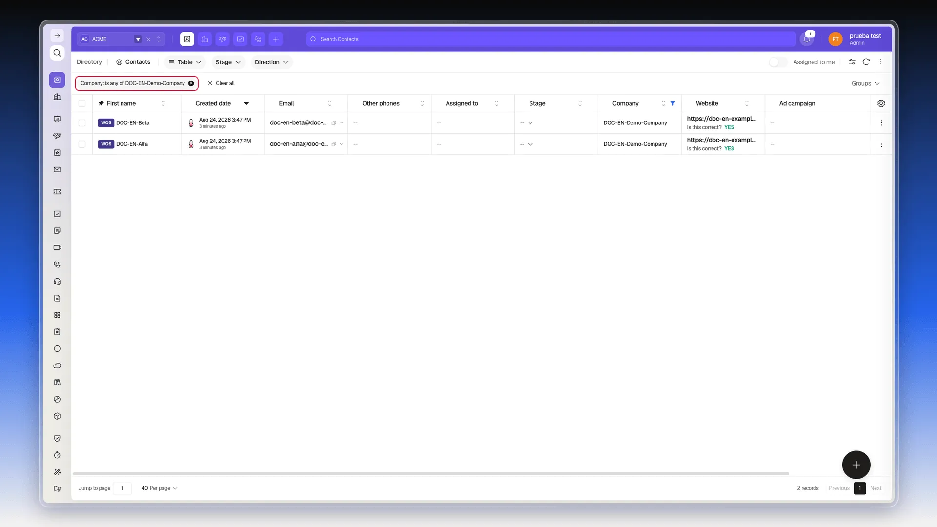 Contacts list filtered by Company, showing the filter chip and the result