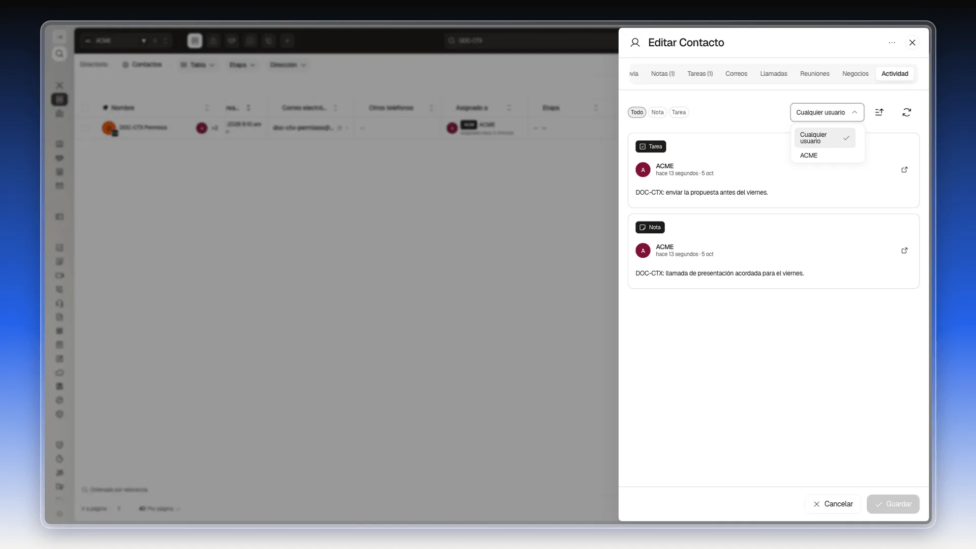 Selector de usuario abierto en la pestaña Actividad con las opciones Cualquier usuario y ACME