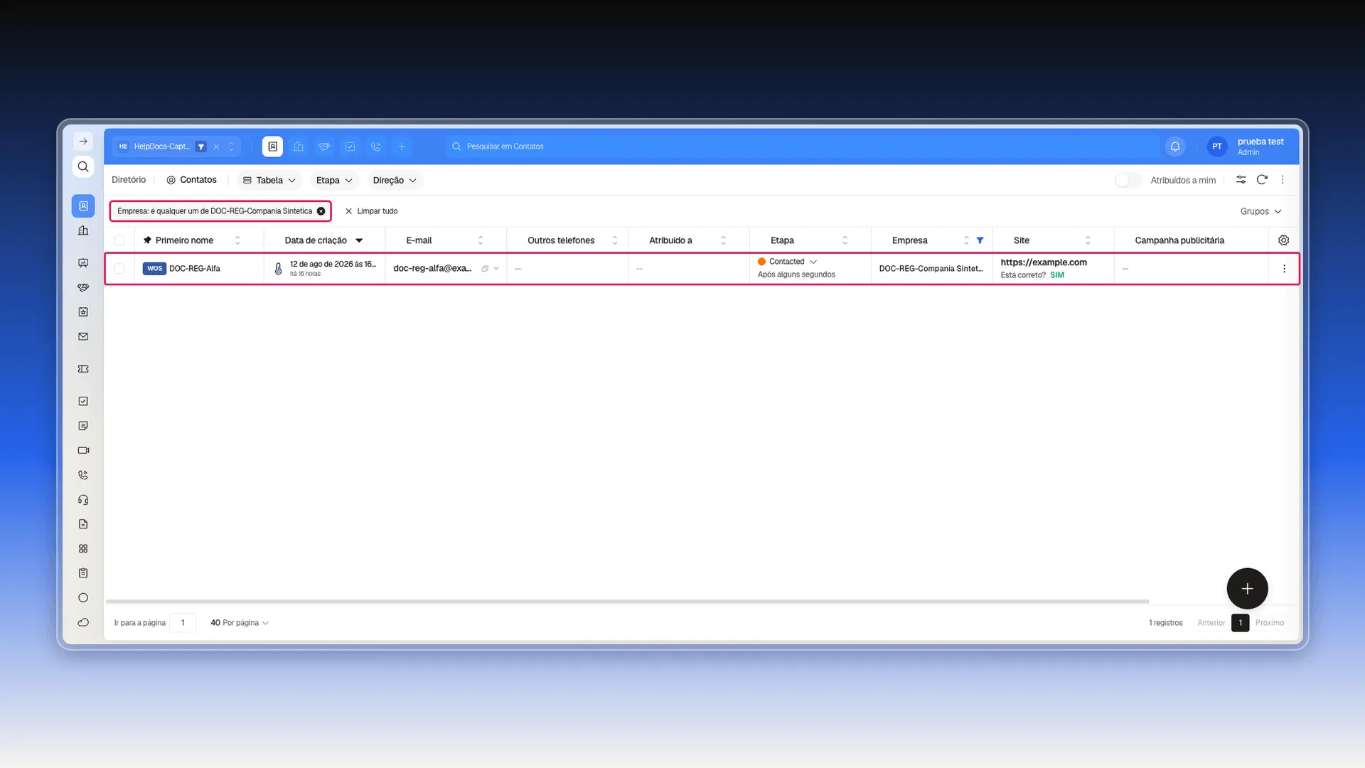 Lista de Contatos filtrada por Empresa, mostrando o chip de filtro e o resultado