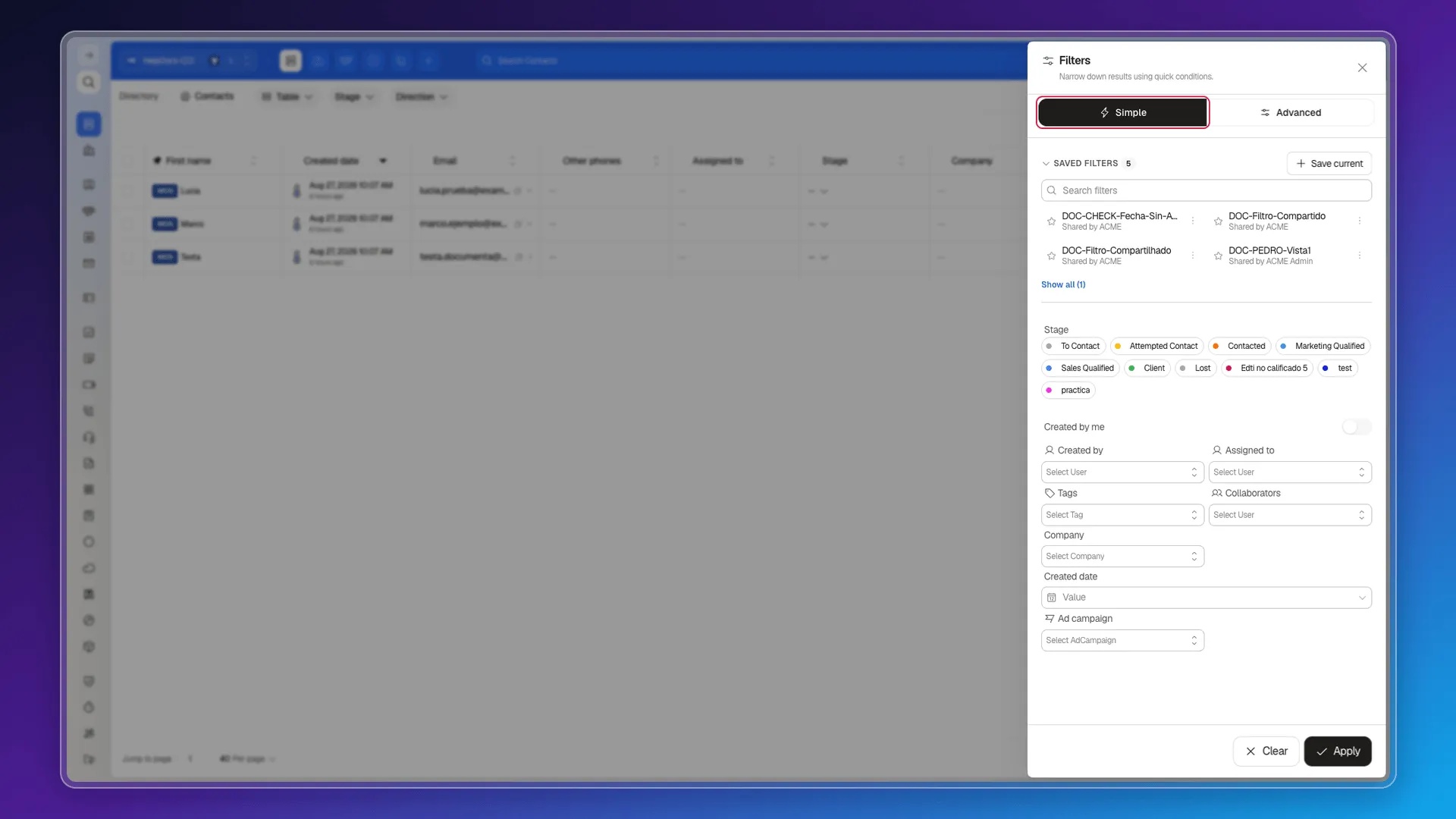 Filters panel open in Simple mode over the Contacts table, with the Simple tab highlighted