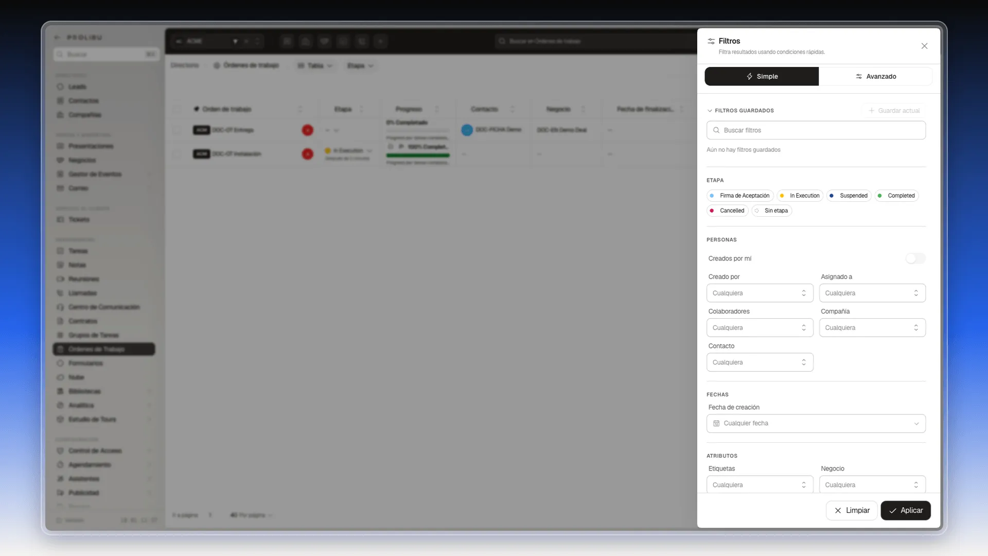 Panel Filtros con las fichas de Etapa y los bloques Personas, Fechas y Atributos