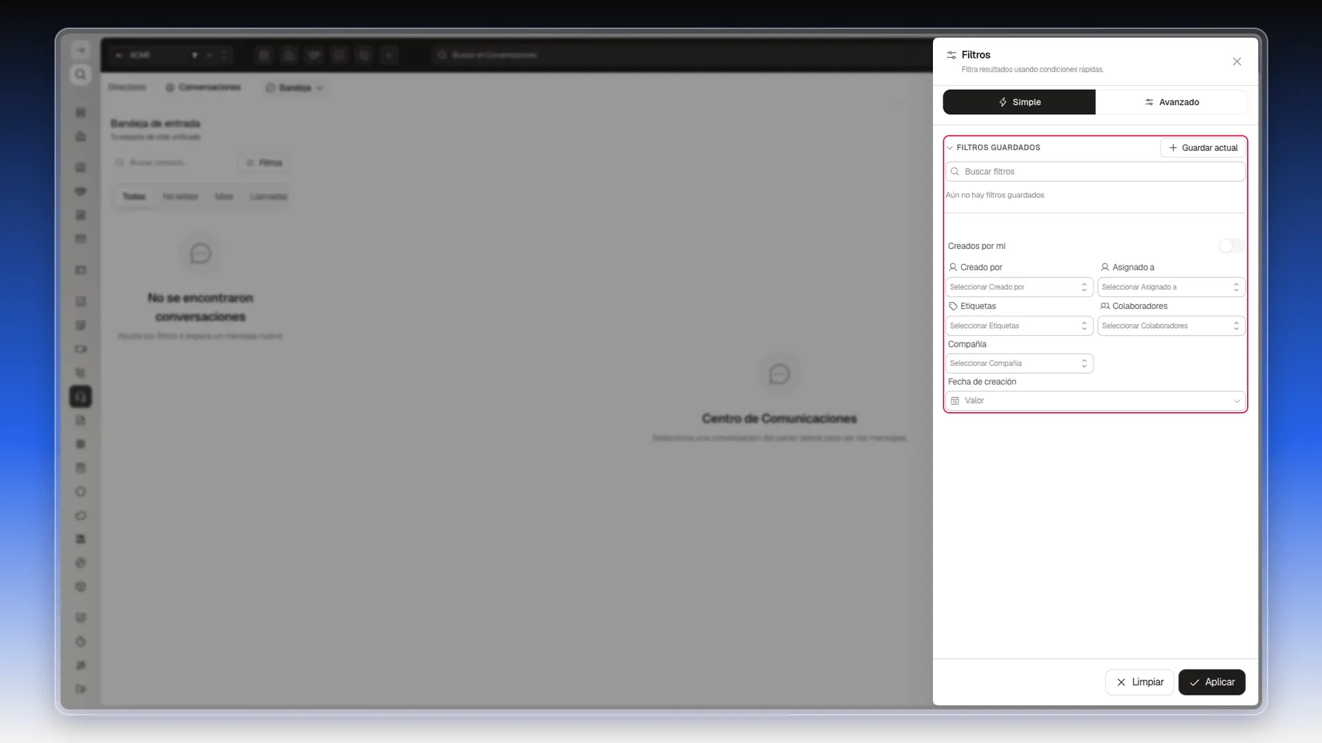 Panel Filtros de Conversaciones con Creados por mí, Creado por, Asignado a, Etiquetas, Colaboradores, Compañía y Fecha de creación