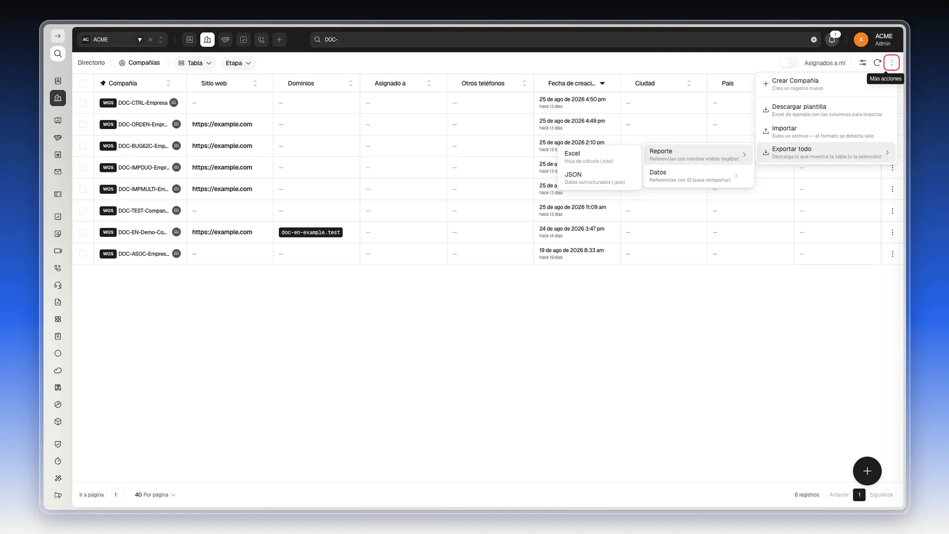 Submenú con los formatos Excel y JSON
