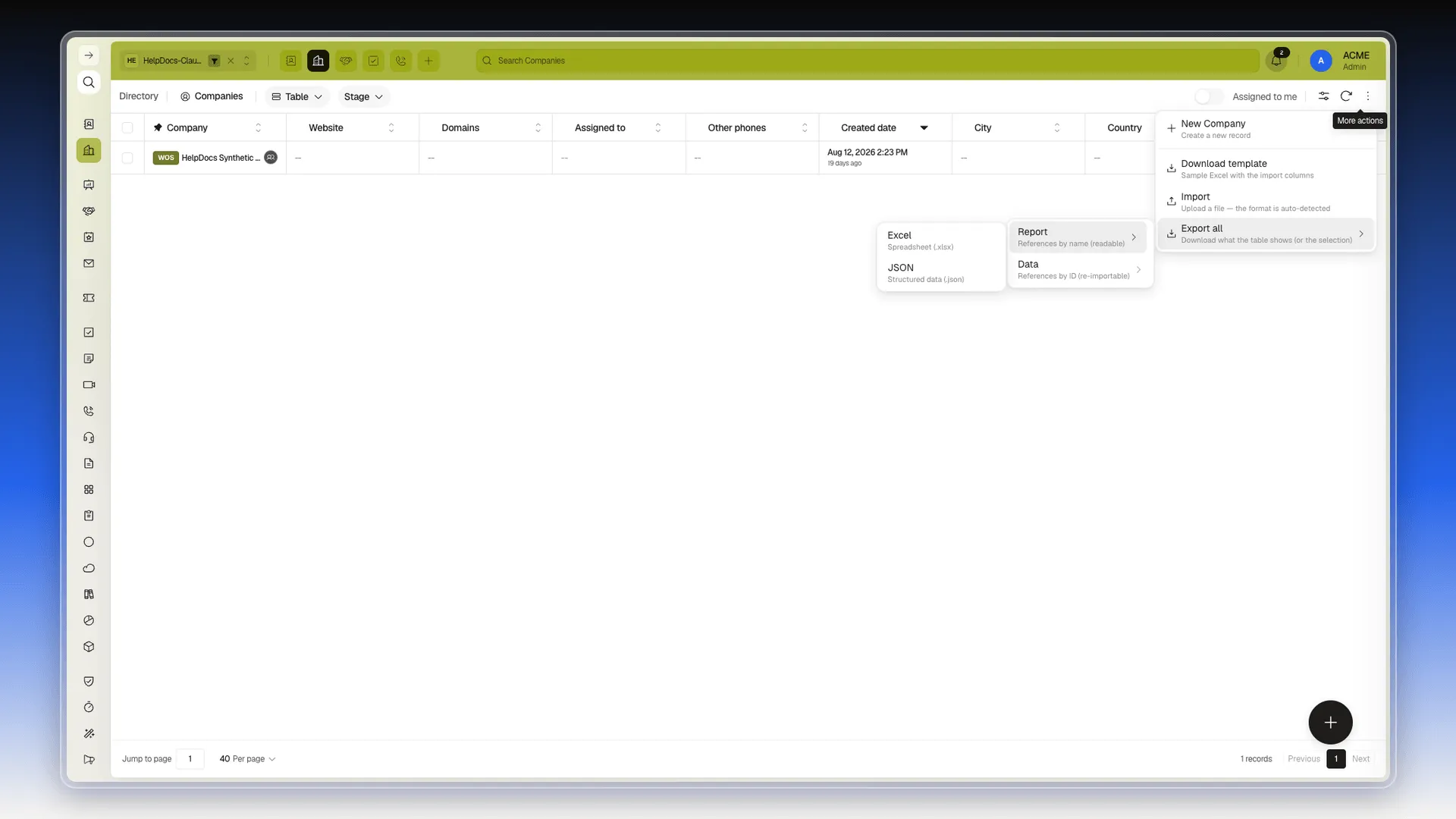 Report submenu with Excel and JSON formats