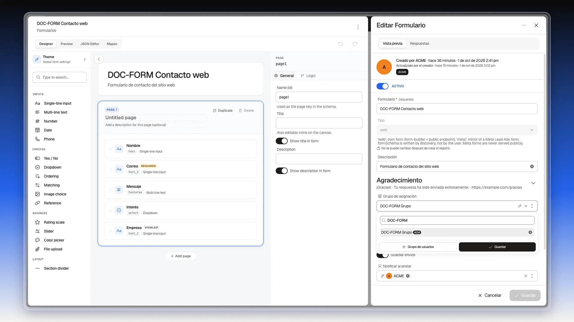 Lista Grupo de asignación abierta con el grupo DOC-FORM Grupo encontrado