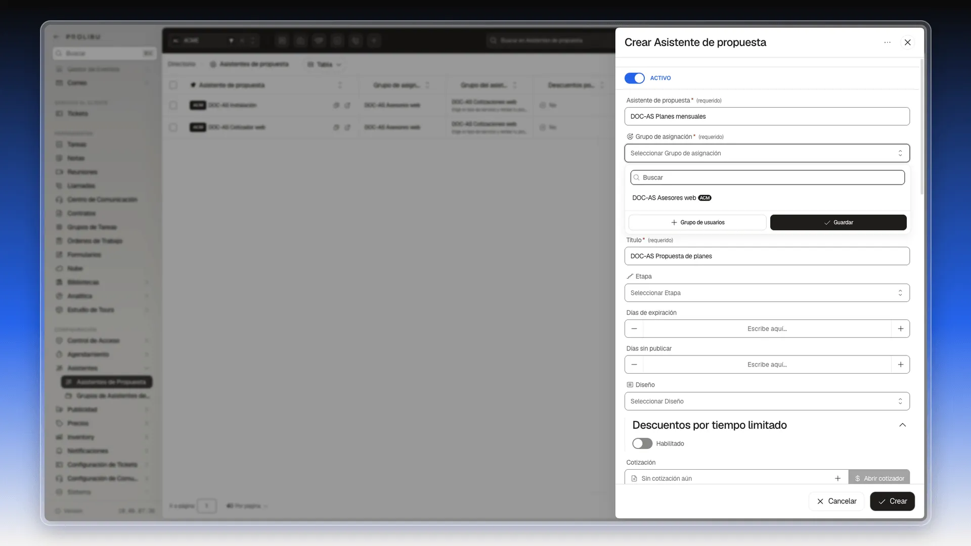 Desplegable Grupo de asignación abierto con el grupo DOC-AS Asesores web y los botones Grupo de usuarios y Guardar