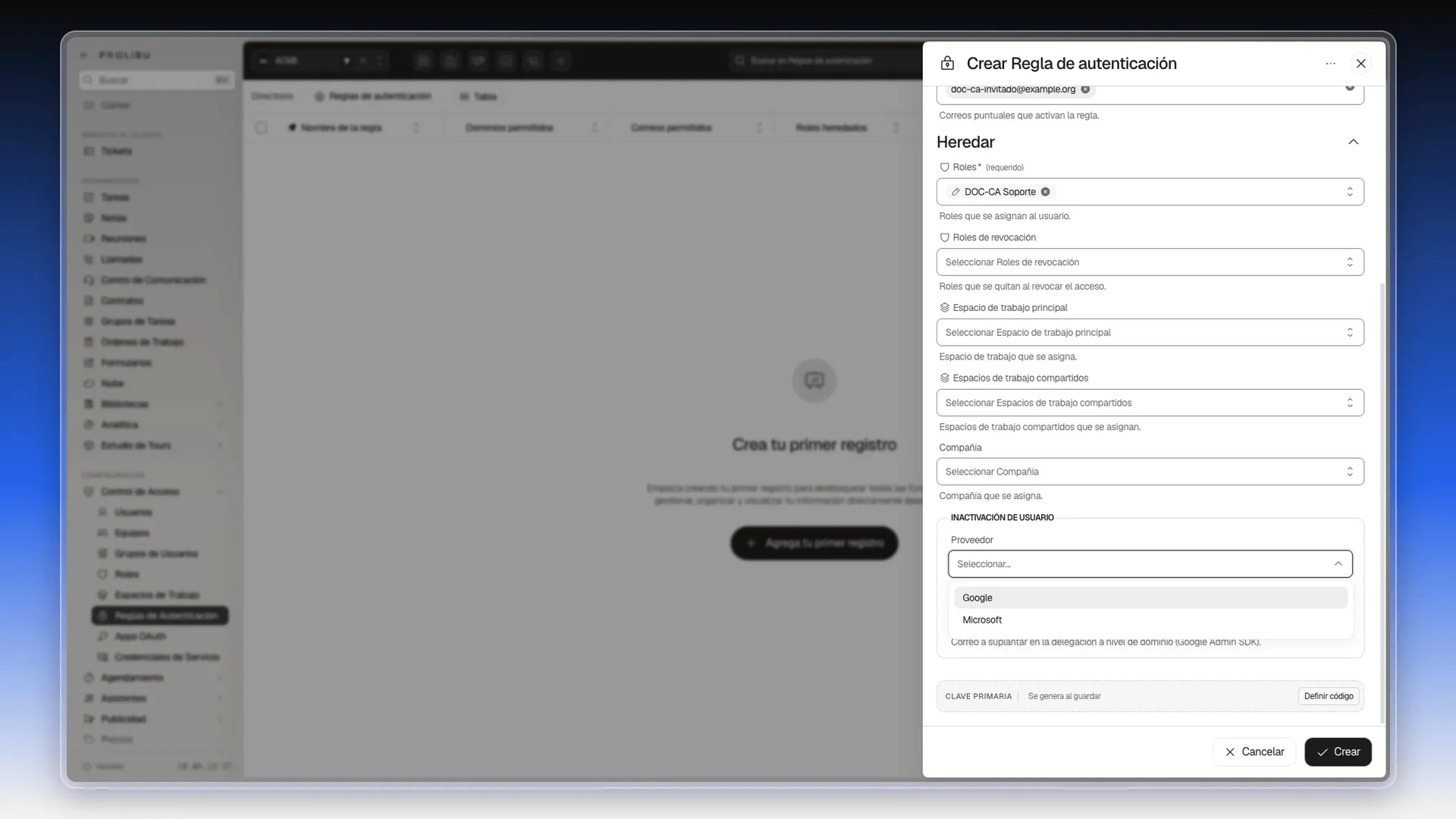Sección Heredar con el rol DOC-CA Soporte elegido en Roles, los campos de espacios de trabajo y Compañía, y debajo el bloque Inactivación de usuario con el desplegable Proveedor abierto en Google y Microsoft