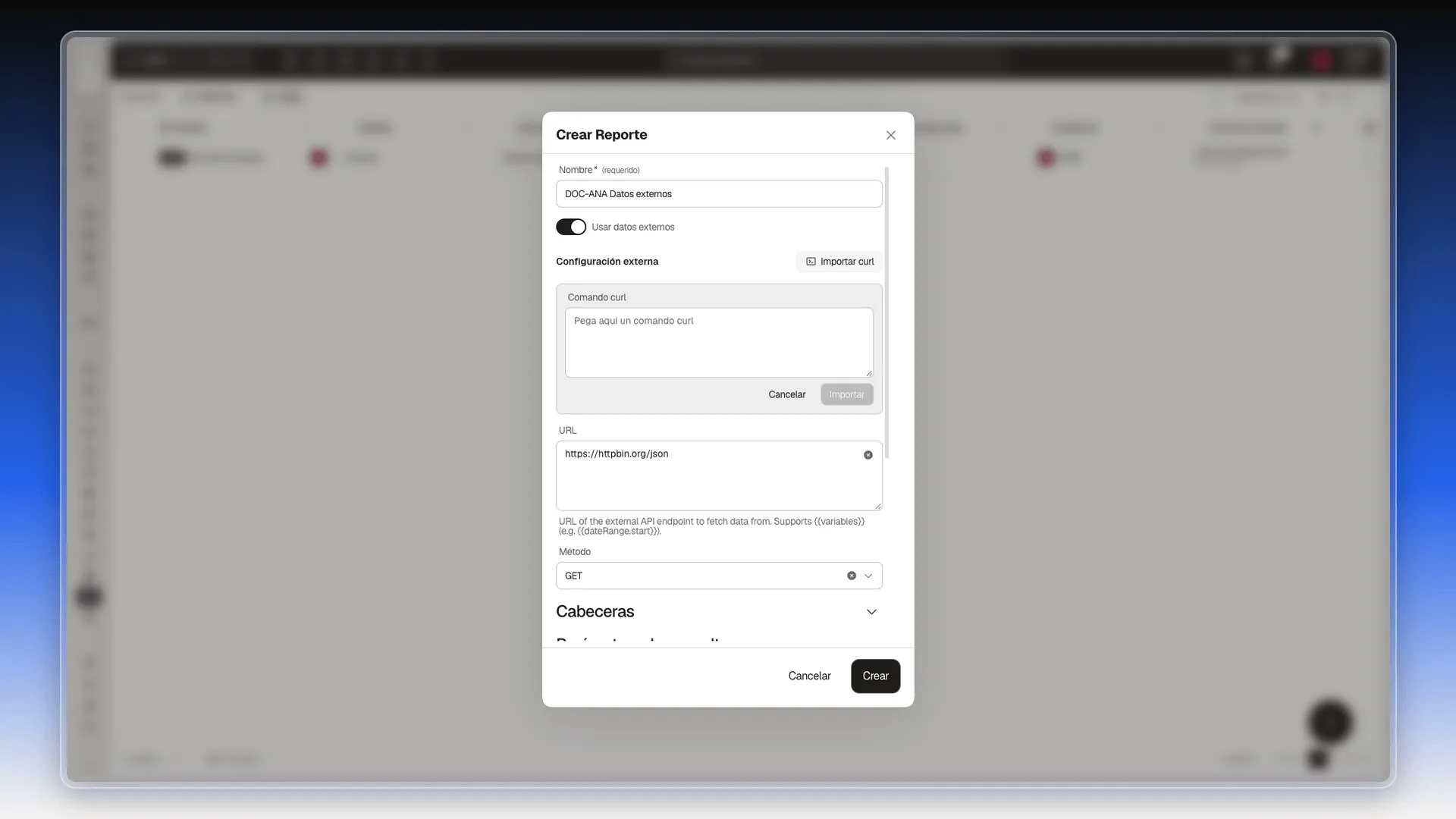 Cuadro Comando curl abierto con el texto Pega aquí un comando curl y los botones Cancelar e Importar