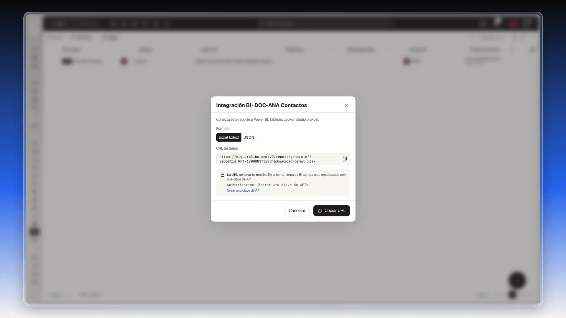 Cuadro Integración BI con el formato Excel (.xlsx), la URL de datos, el aviso La URL no lleva tu sesión y el enlace Crear una clave de API
