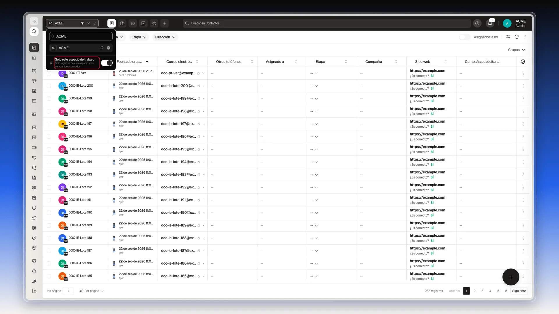 Selector de workspace con el interruptor Solo este espacio de trabajo resaltado