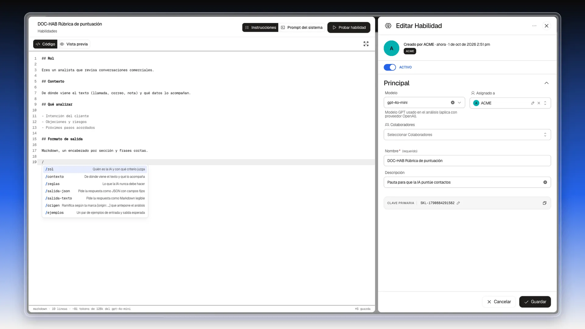 Lista de bloques abierta tras escribir una barra: rol, contexto, reglas, salida-json, salida-texto, origen y ejemplos