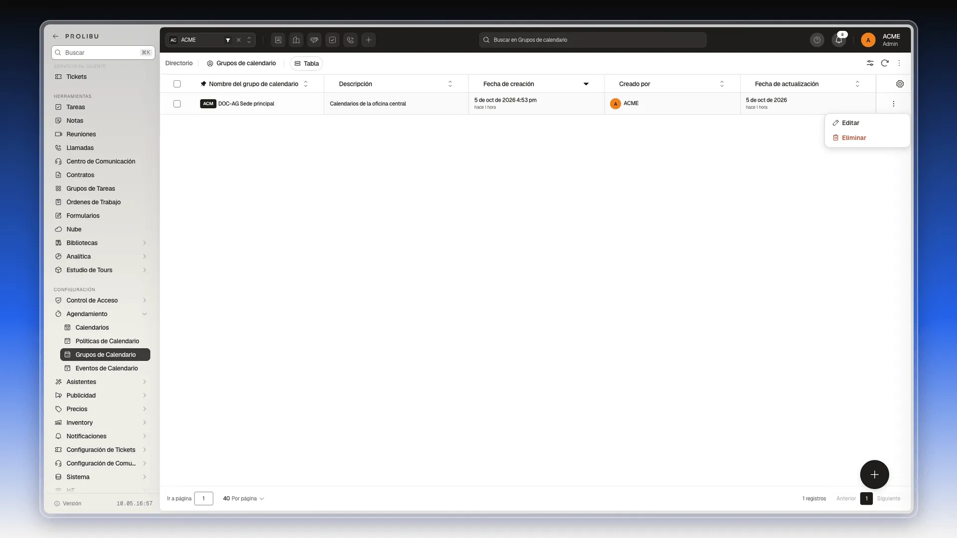 Menú de la fila de un grupo de calendario con las opciones Editar y Eliminar