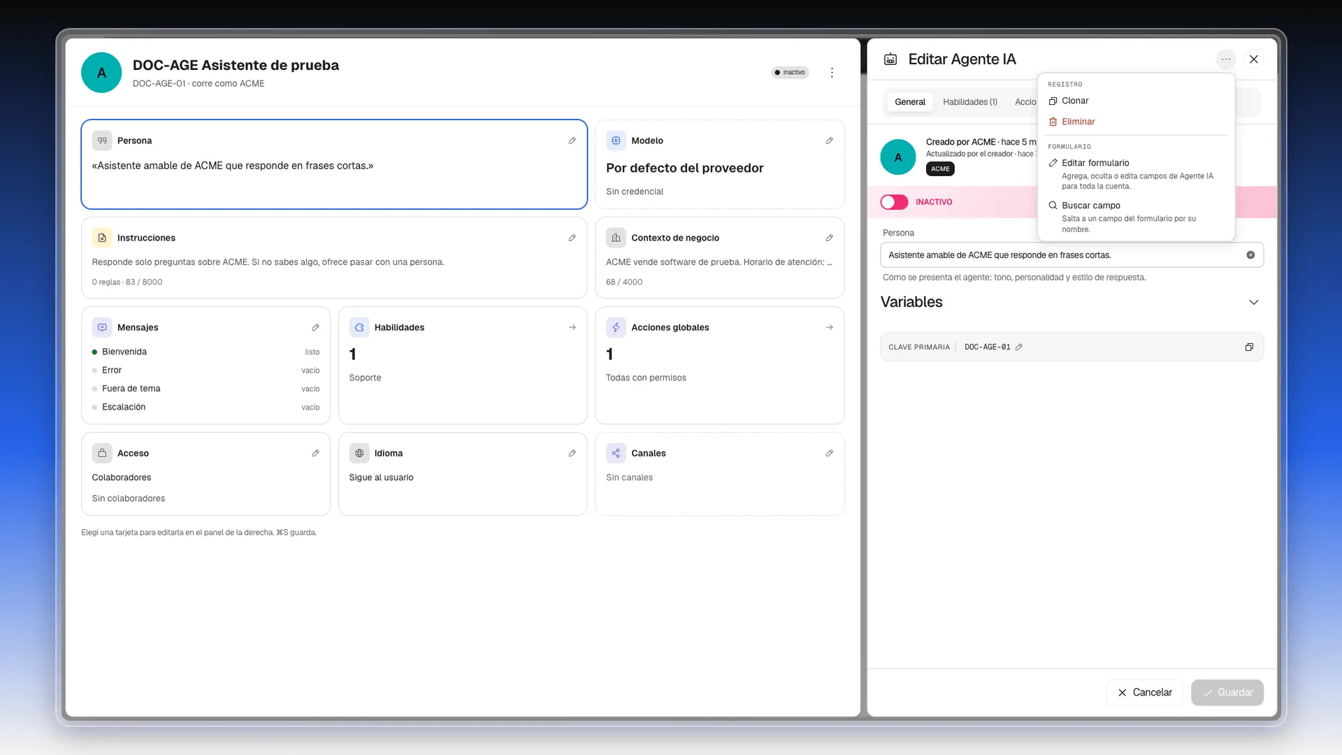 Menú del panel Editar Agente IA con Clonar, Eliminar, Editar formulario y Buscar campo