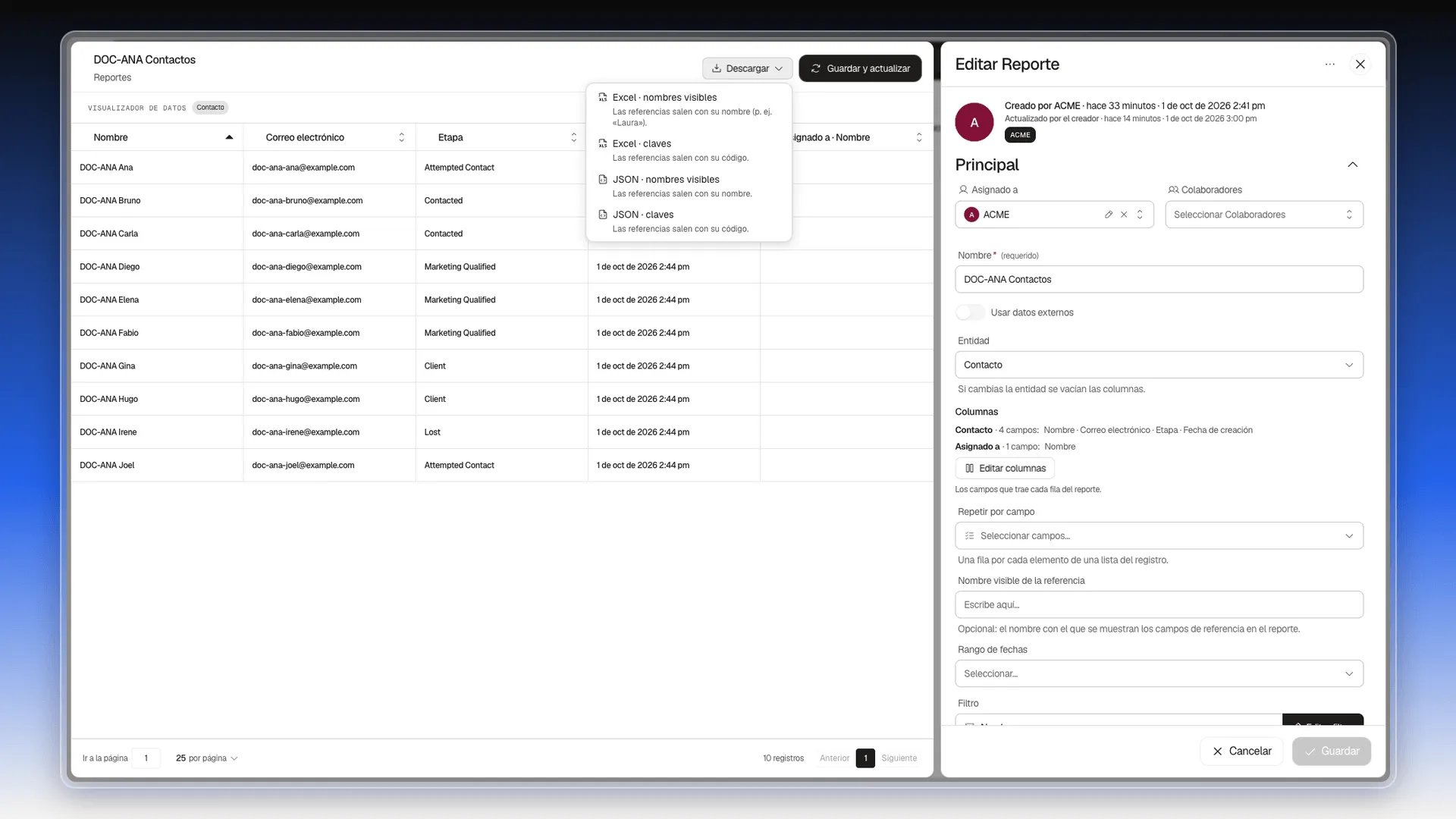 Menú Descargar abierto con Excel · nombres visibles, Excel · claves, JSON · nombres visibles y JSON · claves
