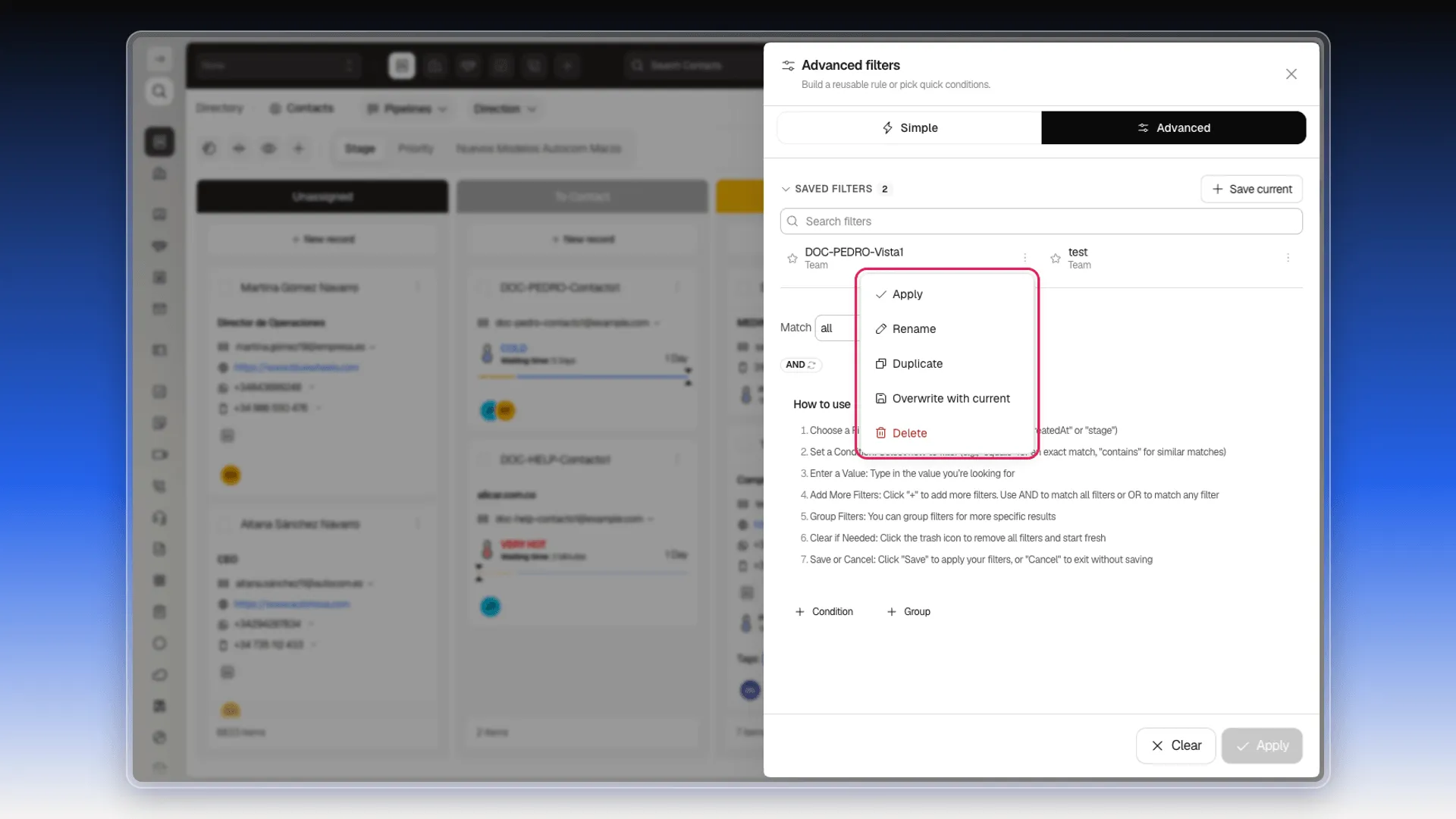 Actions menu of a saved filter, highlighted, with the Apply, Rename, Duplicate, Overwrite with current and Delete options